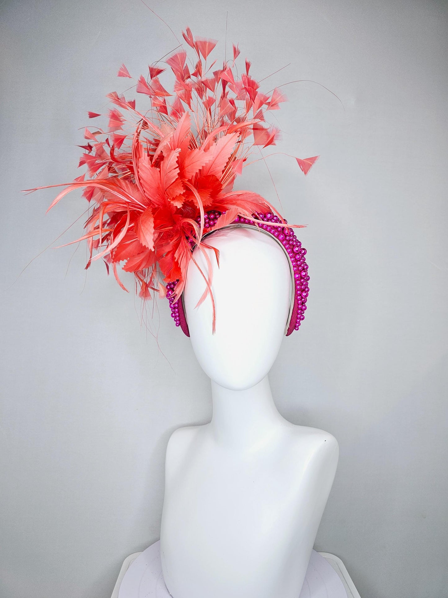 kentucky derby hat fascinator peach light coral orange feather flowers with bright pink fuchsia pearl headband