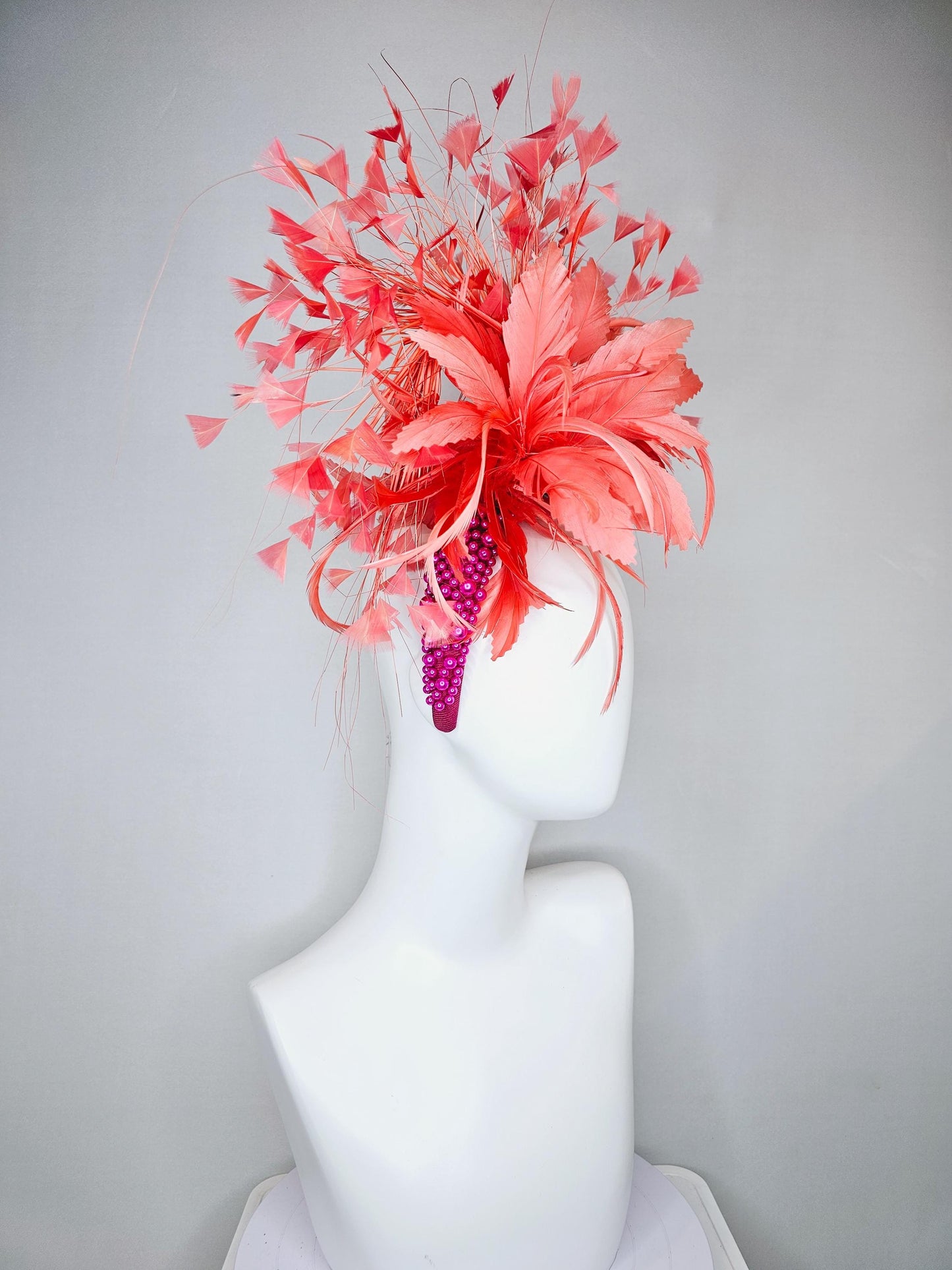 kentucky derby hat fascinator peach light coral orange feather flowers with bright pink fuchsia pearl headband