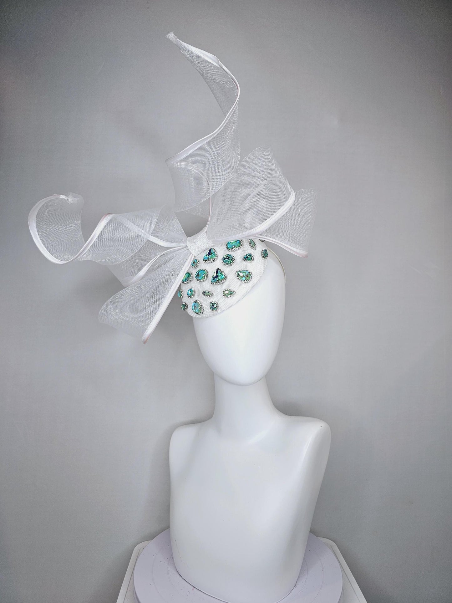 kentucky derby hat fascinator ivory white fabric base w/ mesh and wired ribbon large bendable bow decor,turquoise blue green crystal jewels