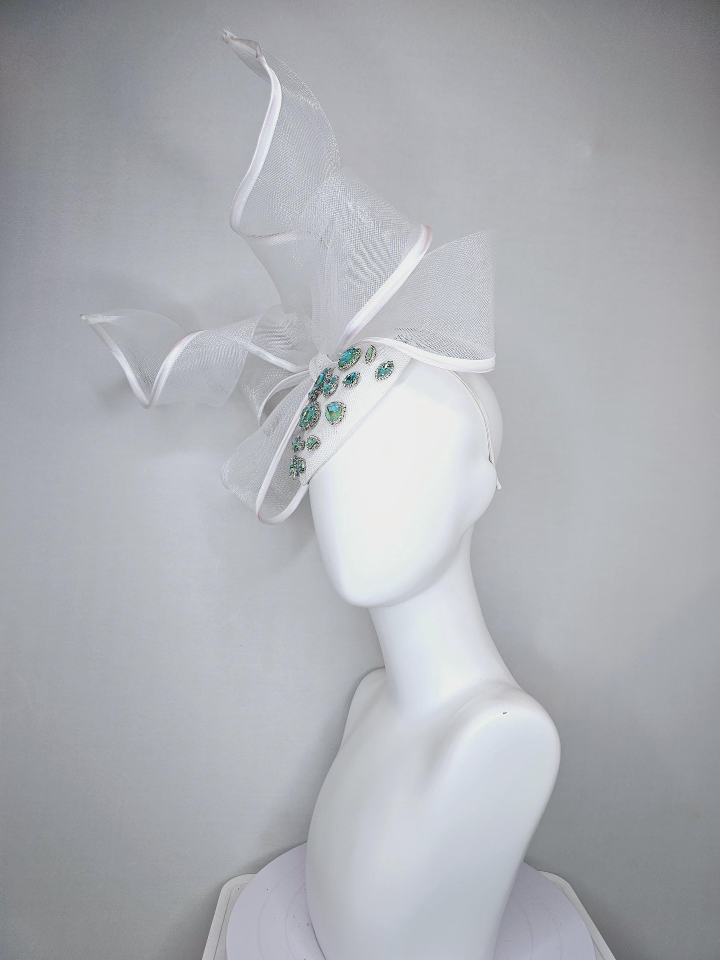 kentucky derby hat fascinator ivory white fabric base w/ mesh and wired ribbon large bendable bow decor,turquoise blue green crystal jewels