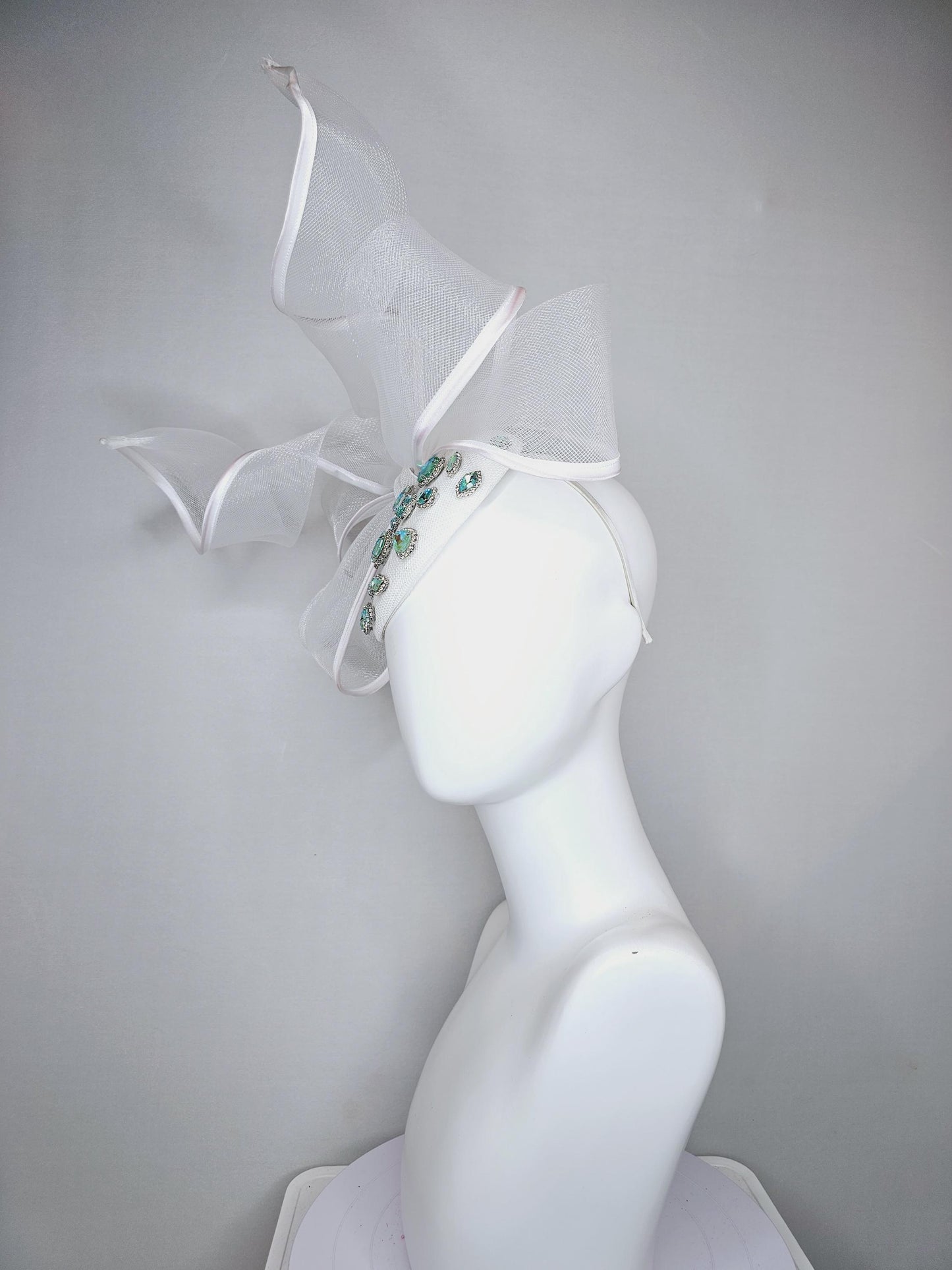 kentucky derby hat fascinator ivory white fabric base w/ mesh and wired ribbon large bendable bow decor,turquoise blue green crystal jewels