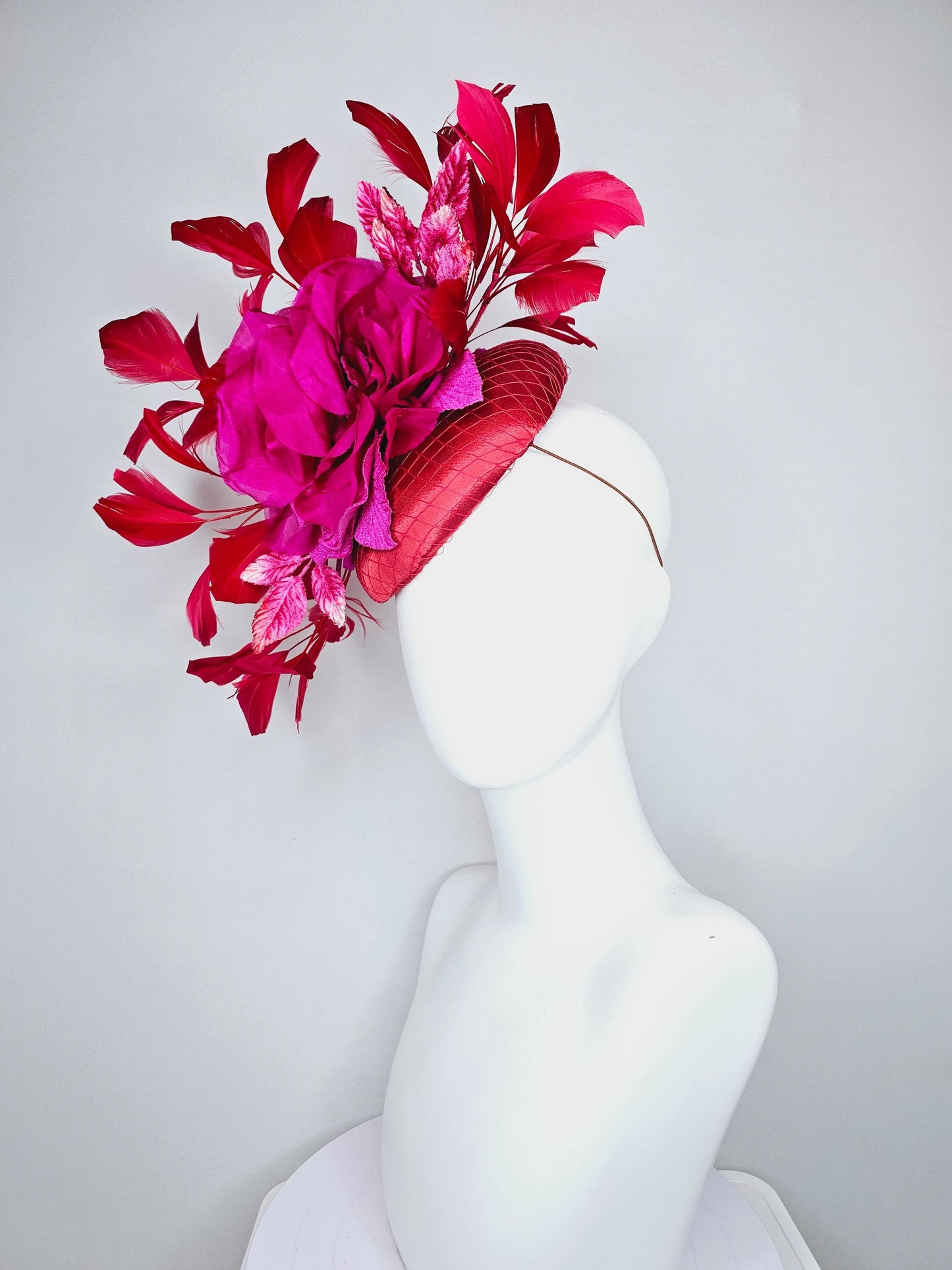 kentucky derby hat fascinator red satin with bright pink satin organza rose flower with red branching red feathers