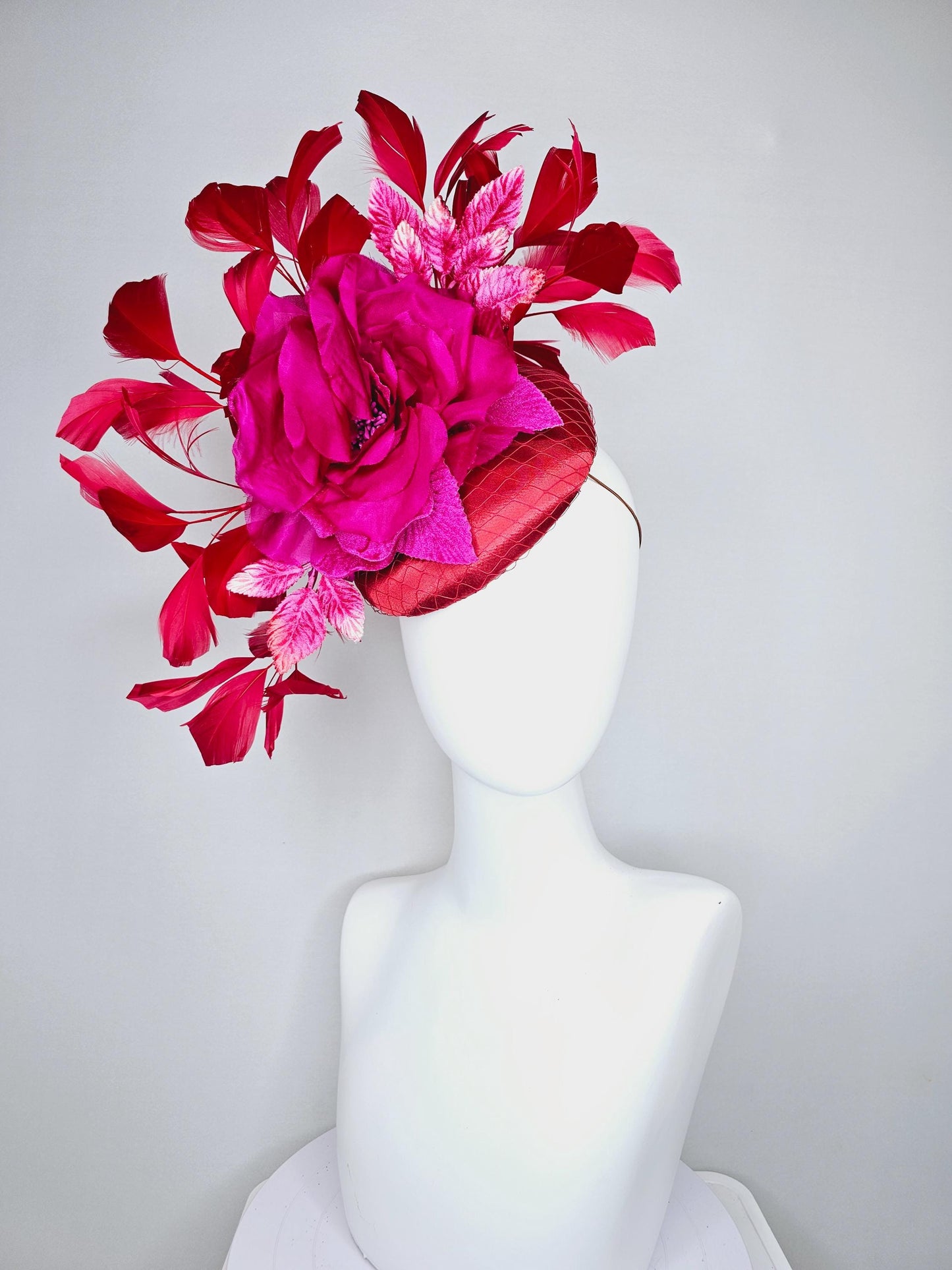 kentucky derby hat fascinator red satin with bright pink satin organza rose flower with red branching red feathers