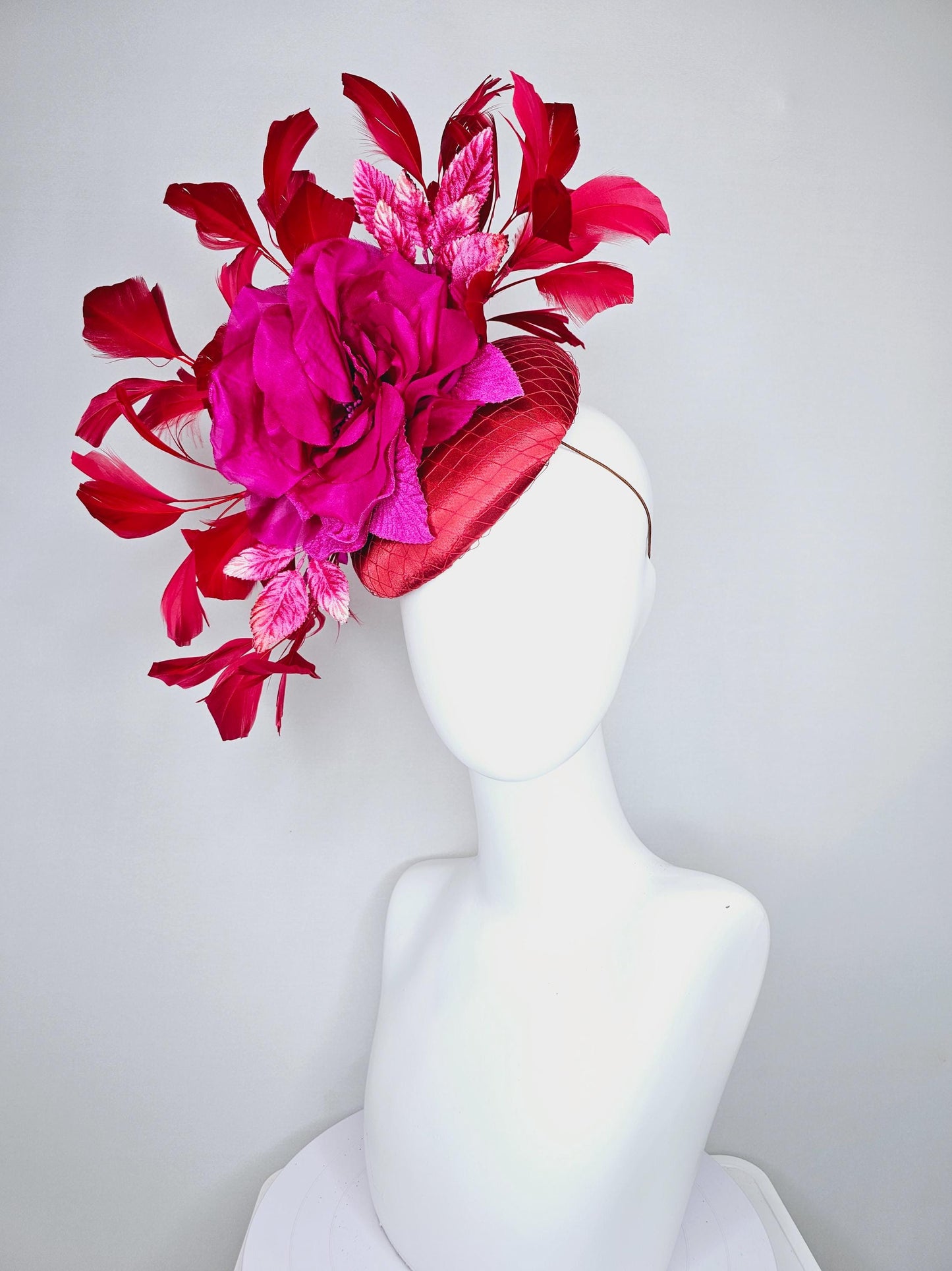 kentucky derby hat fascinator red satin with bright pink satin organza rose flower with red branching red feathers