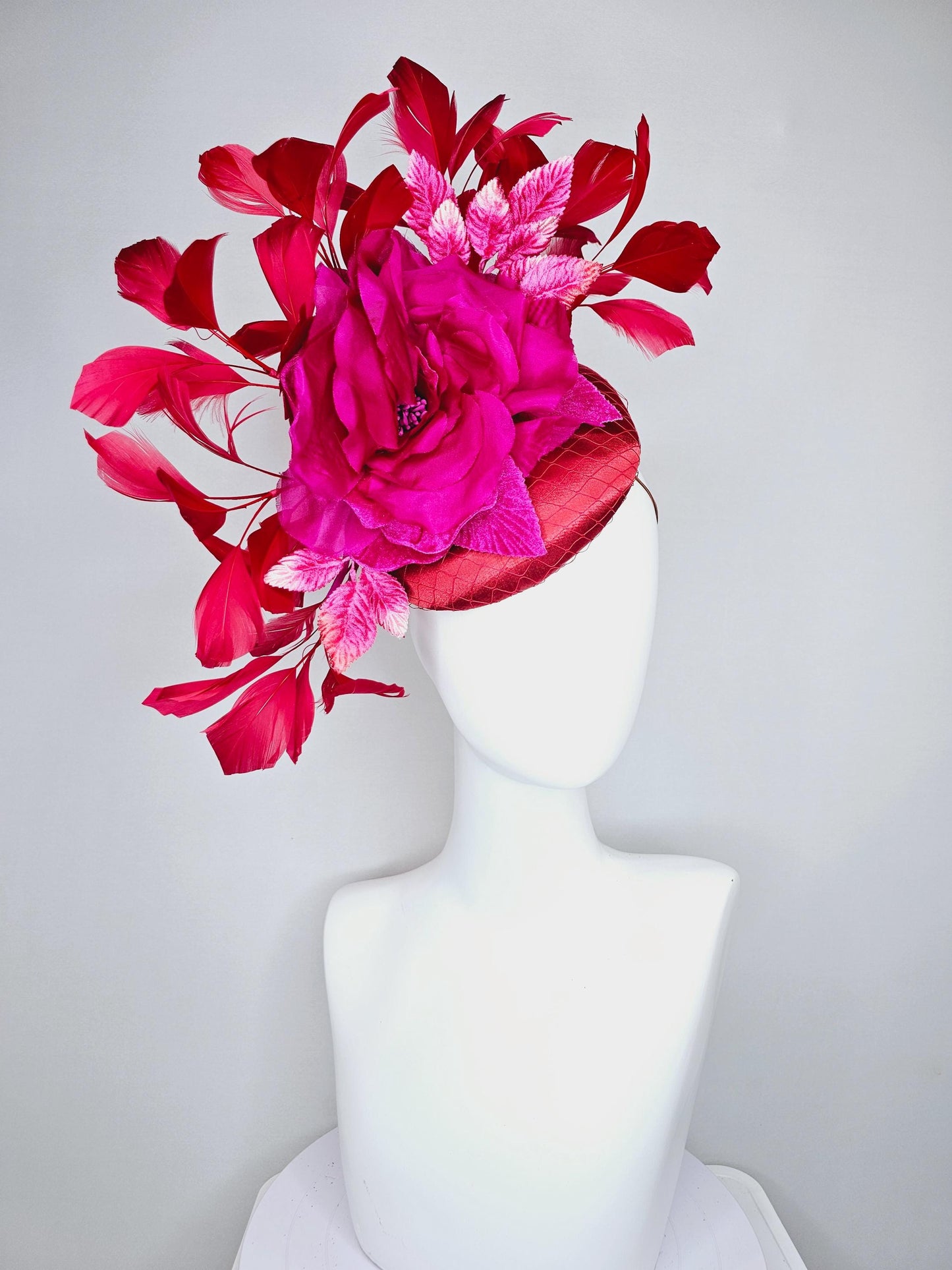kentucky derby hat fascinator red satin with bright pink satin organza rose flower with red branching red feathers