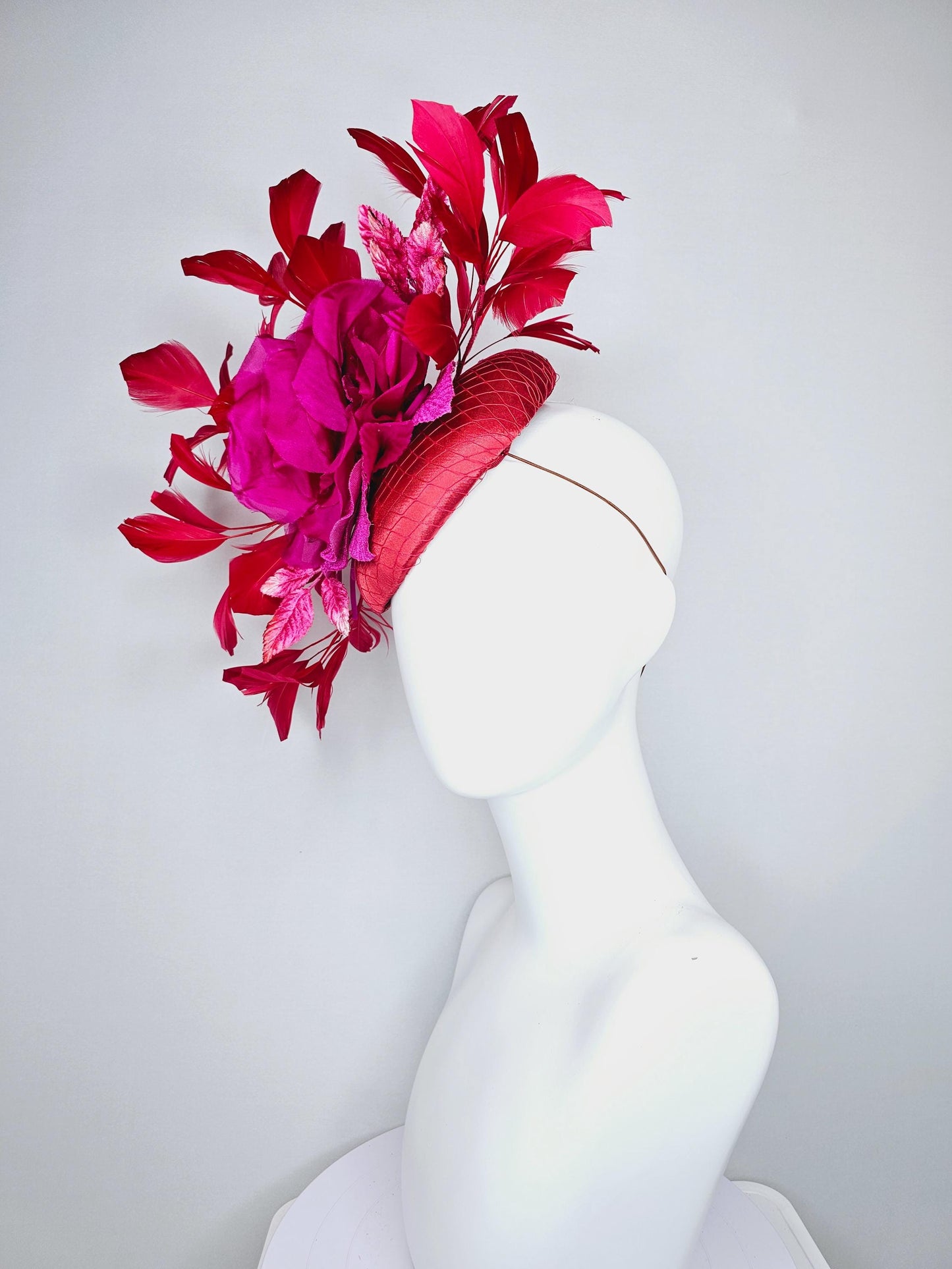 kentucky derby hat fascinator red satin with bright pink satin organza rose flower with red branching red feathers