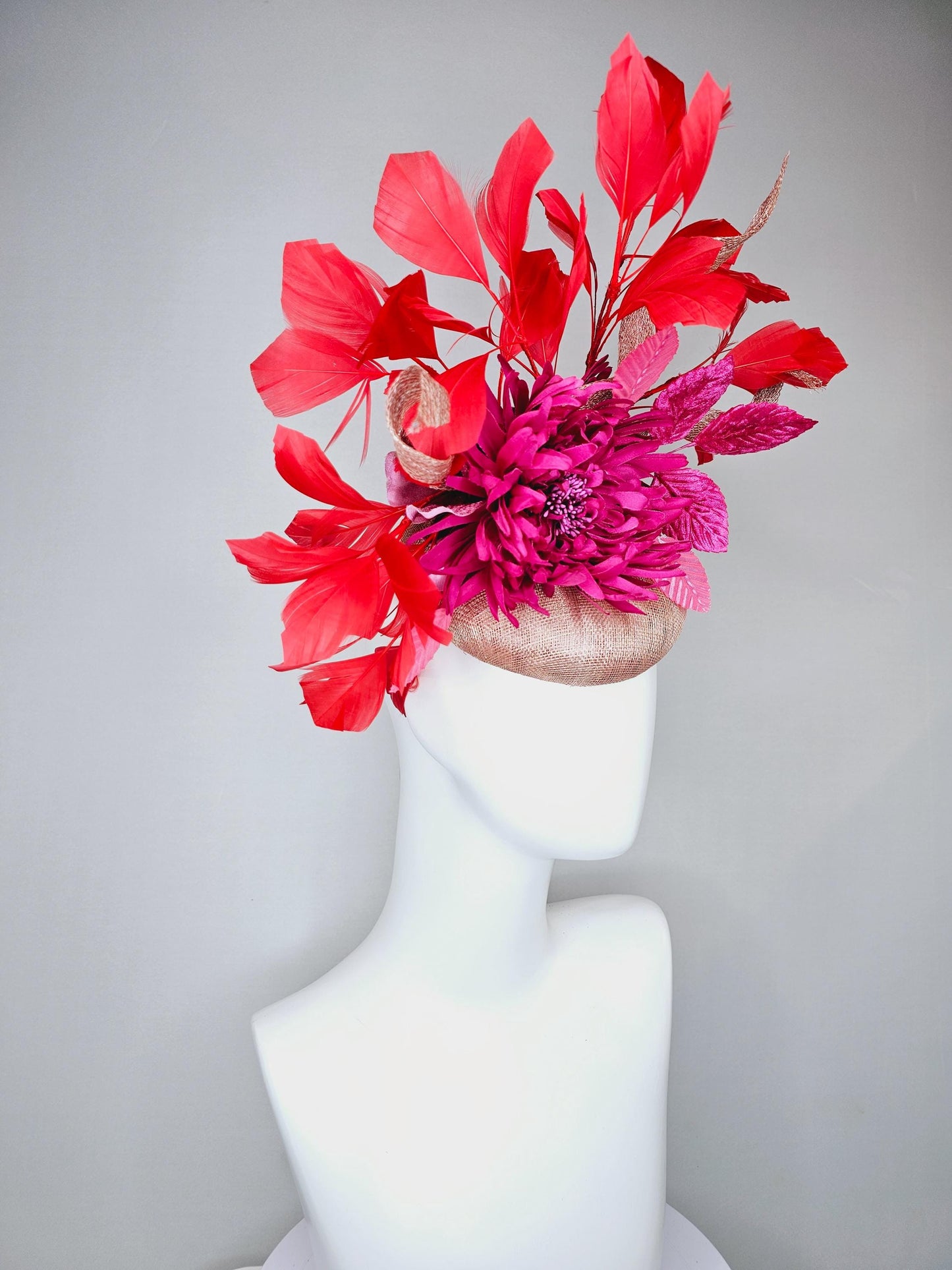 kentucky derby hat fascinator dusty light pink sinamay with hot pink fuchsia satin flower and leaves,sinamay curls, branching red feathers