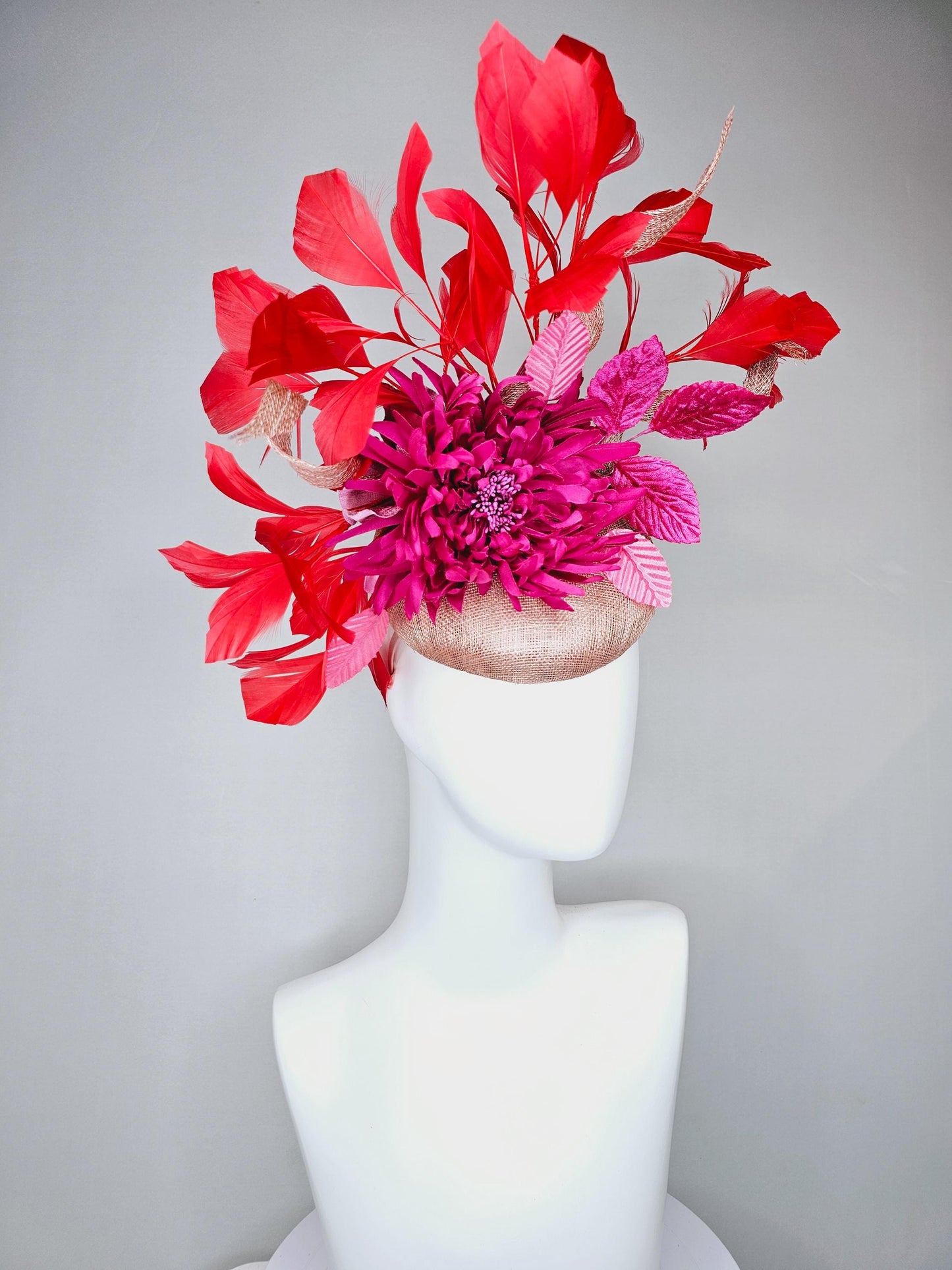 kentucky derby hat fascinator dusty light pink sinamay with hot pink fuchsia satin flower and leaves,sinamay curls, branching red feathers