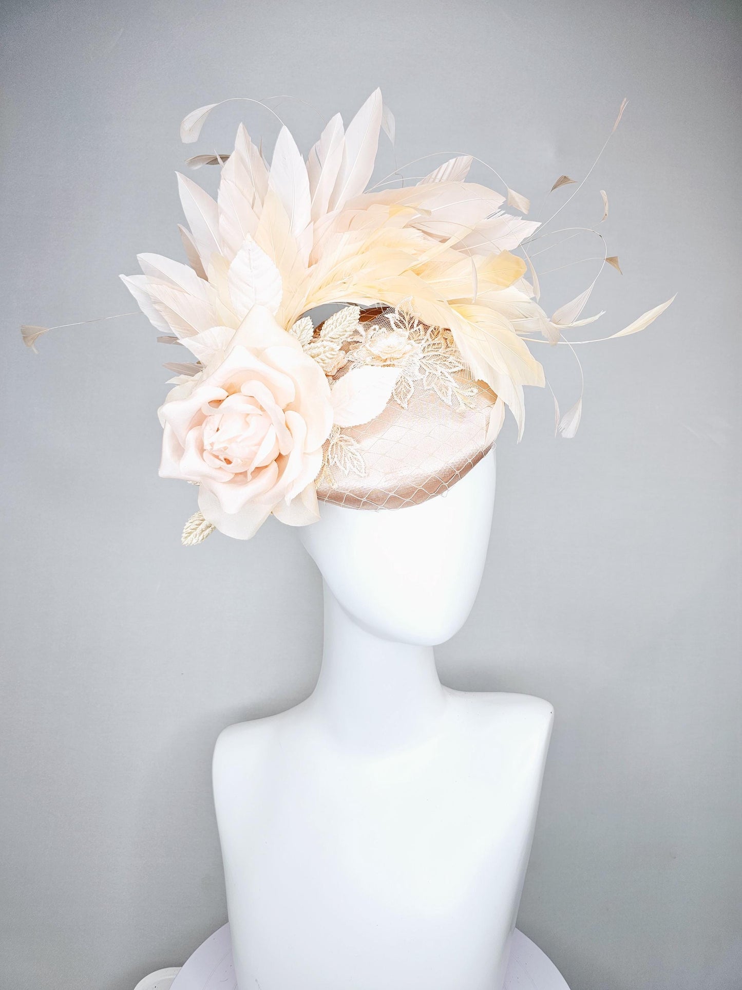 kentucky derby hat fascinator champagne beige satin with lace embroidery, champagne pink satin rose flower and light tan branching feathers