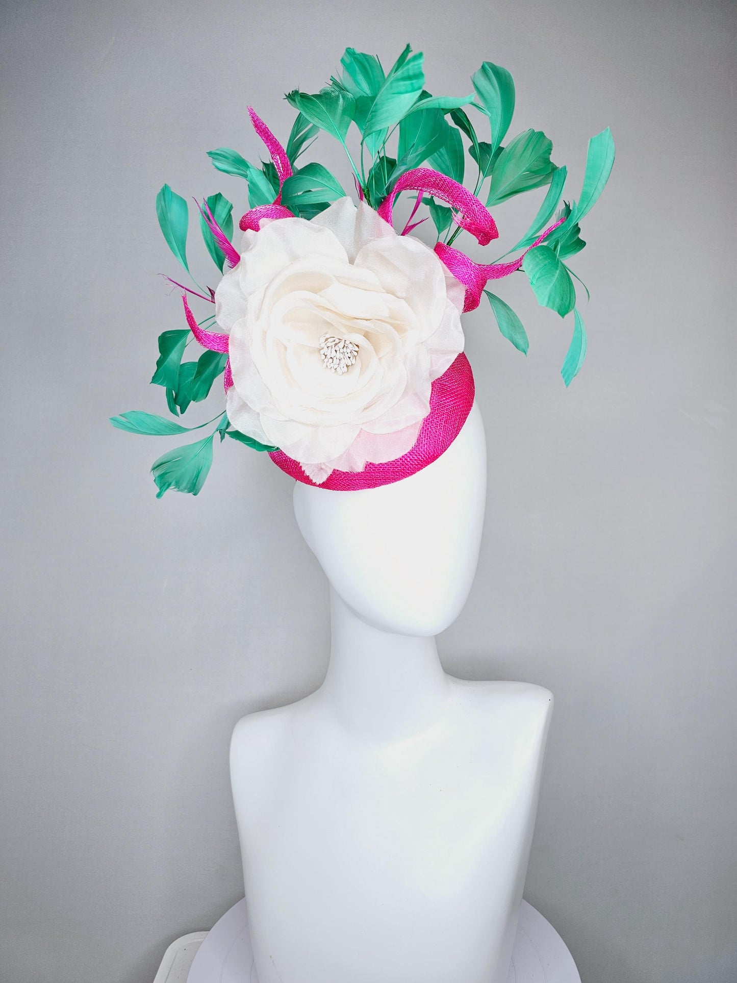 kentucky derby hat fascinator bright hot pink sinamay with curls and large ivory white organza satin rose flower with bright green feathers