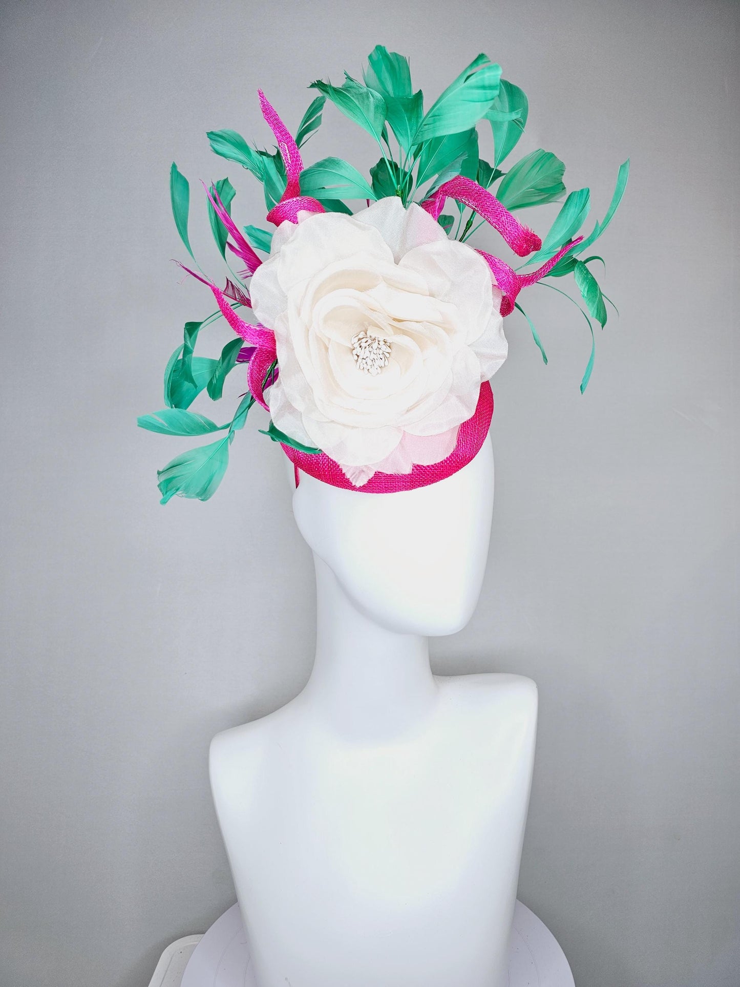 kentucky derby hat fascinator bright hot pink sinamay with curls and large ivory white organza satin rose flower with bright green feathers