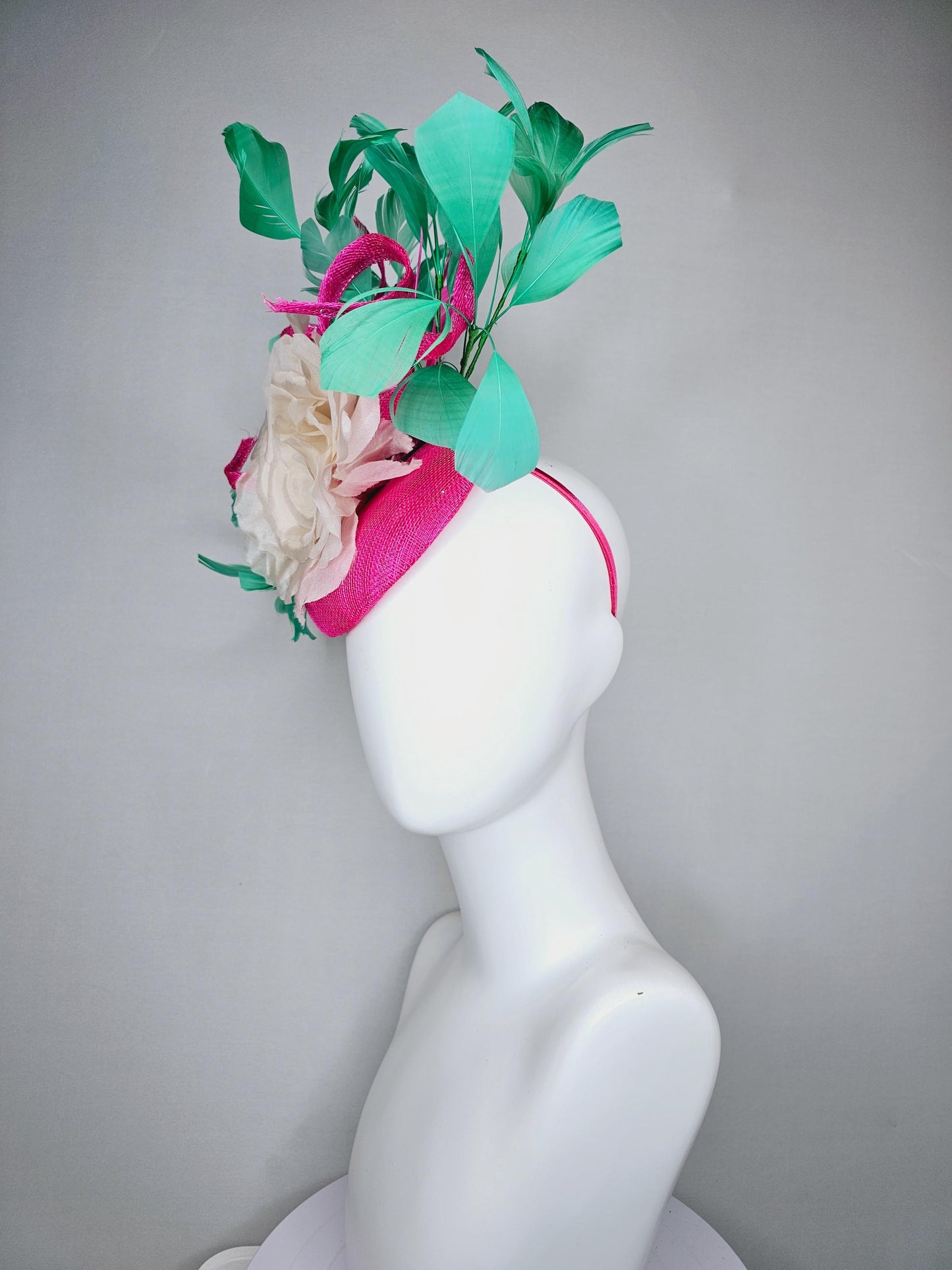 kentucky derby hat fascinator bright hot pink sinamay with curls and large ivory white organza satin rose flower with bright green feathers