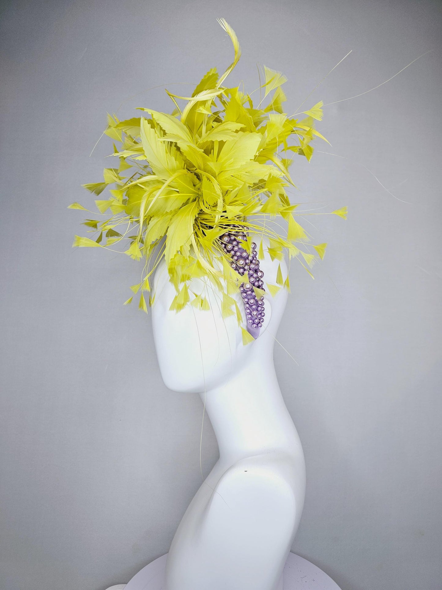 kentucky derby hat fascinator lavender purple pearl beaded headband with bright yellow feather flowers and branching yellow feathers