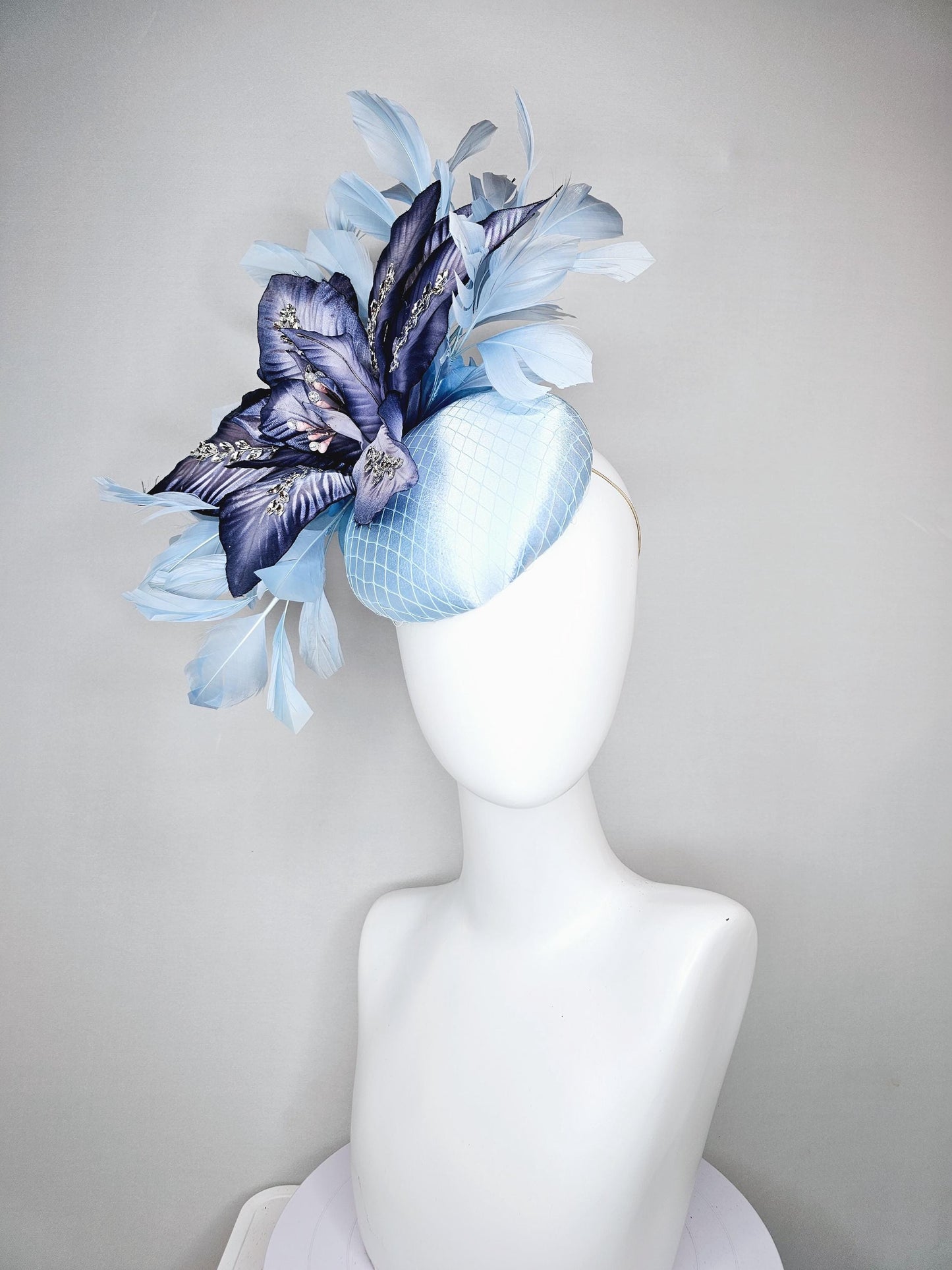 kentucky derby hat fascinator light baby blue satin with ombre navy blue silk crystal embroidered flower,branching baby light blue feathers