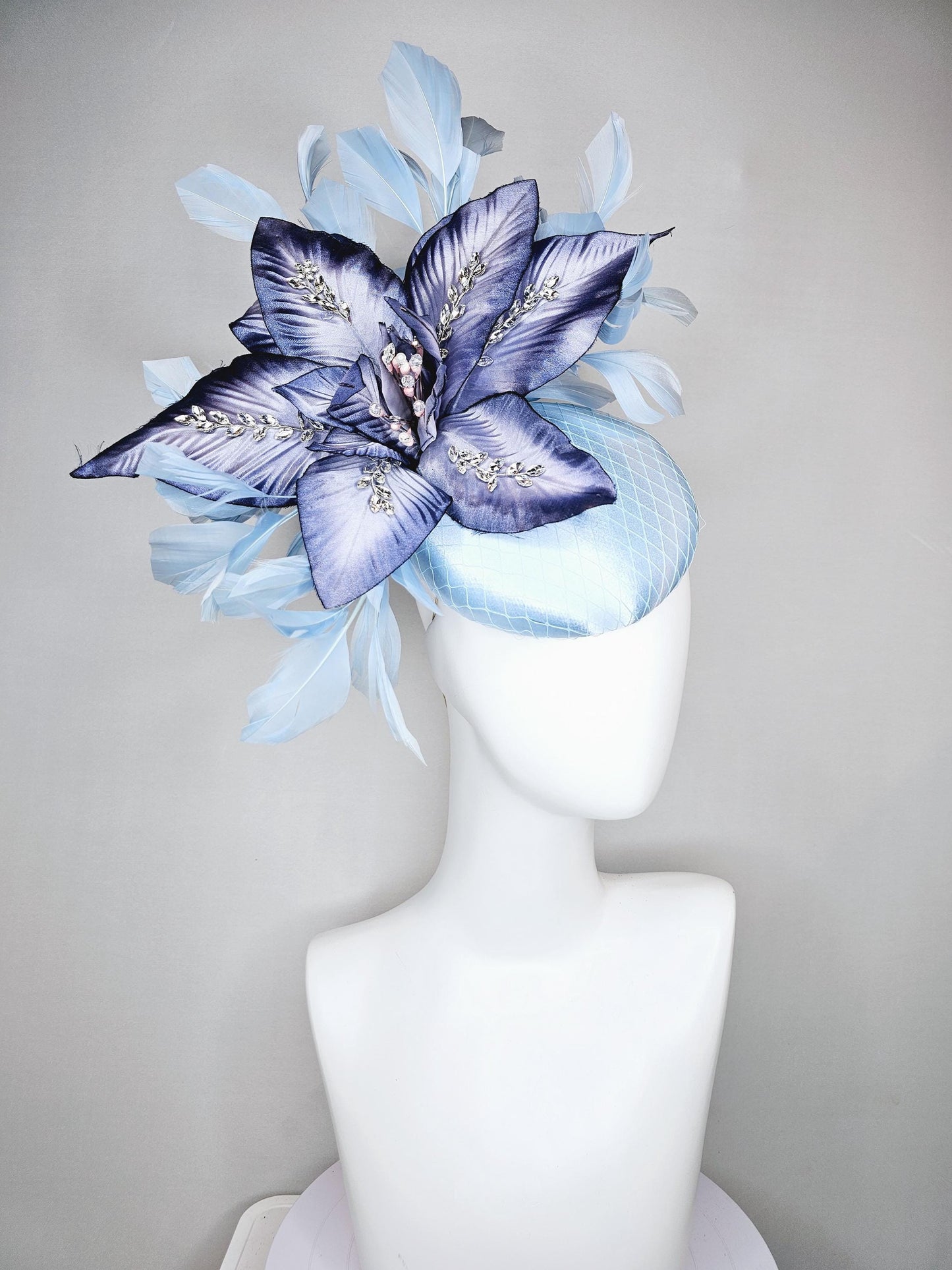 kentucky derby hat fascinator light baby blue satin with ombre navy blue silk crystal embroidered flower,branching baby light blue feathers