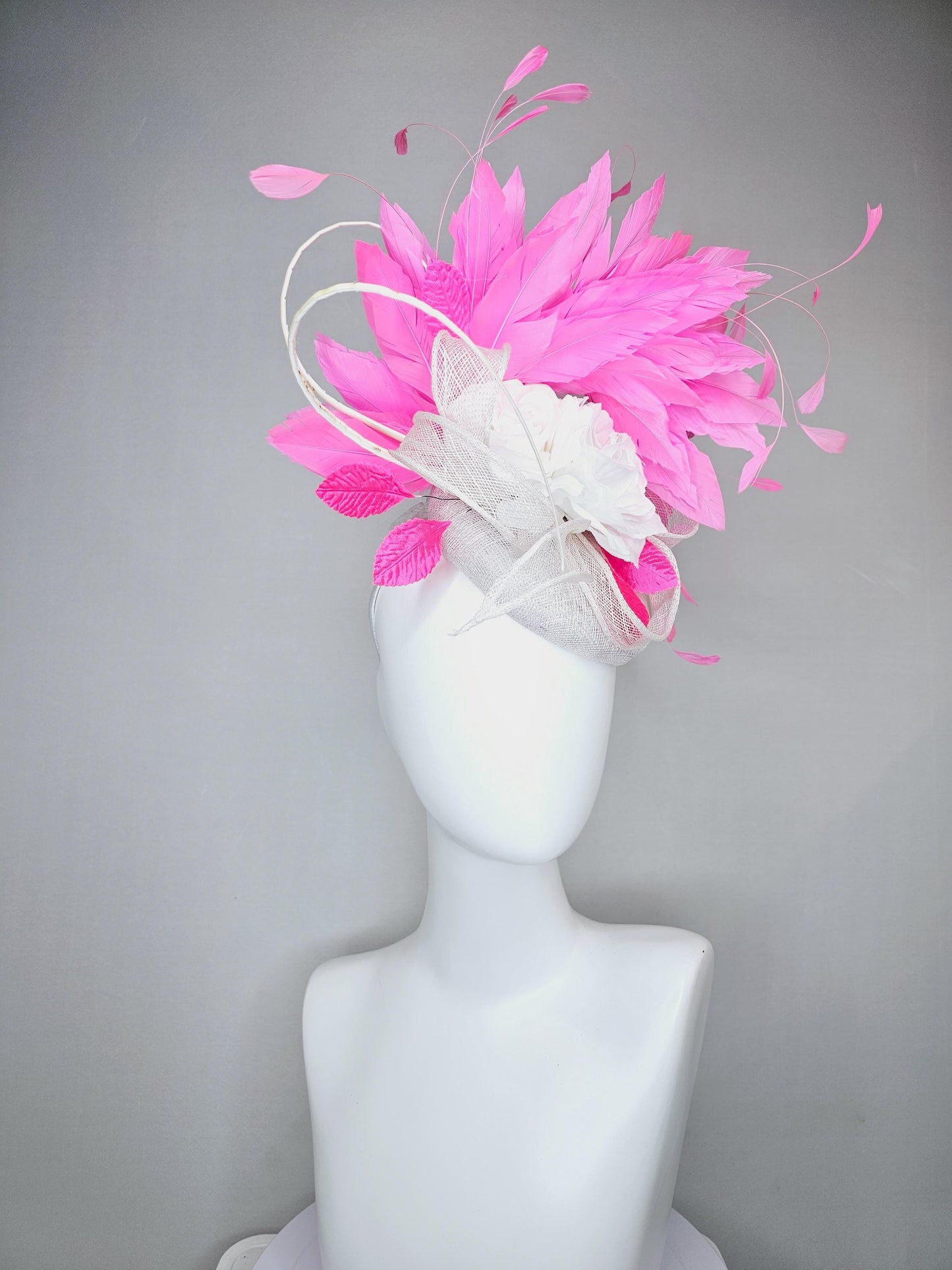 kentucky derby hat fascinator ivory white sinamay with sinamay curls,white satin silk flowers with bright pink feathers and pink leaves