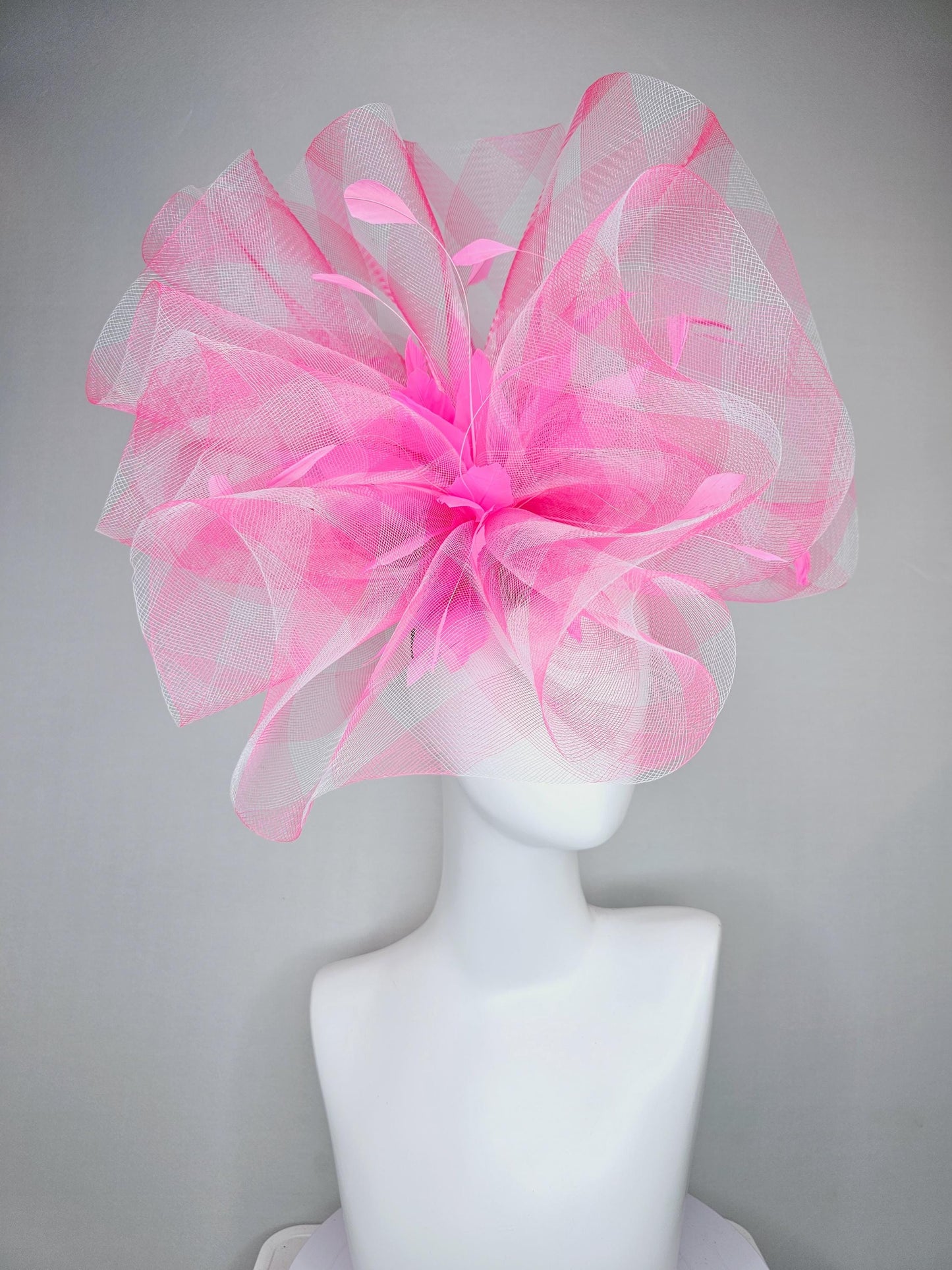 kentucky derby fascinator hat large gingham pink plaid crinoline pouf with branching bright pink feathers