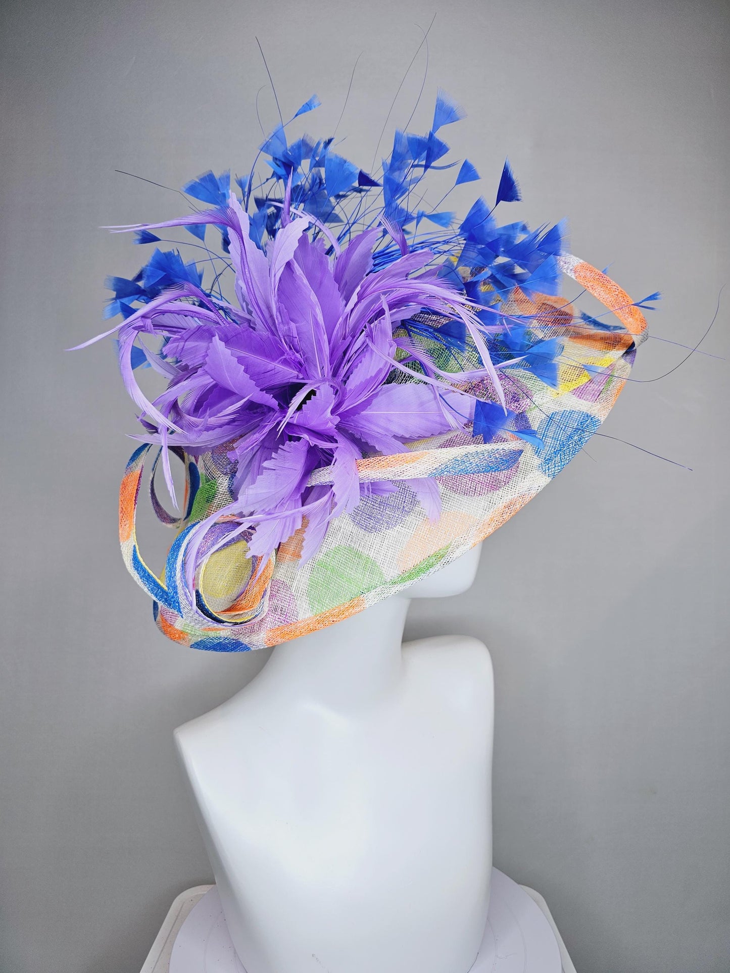 kentucky derby hat large colorful rainbow blue green yellow orange polka dot wide brim sinamay,purple feather flower and royal blue feathers