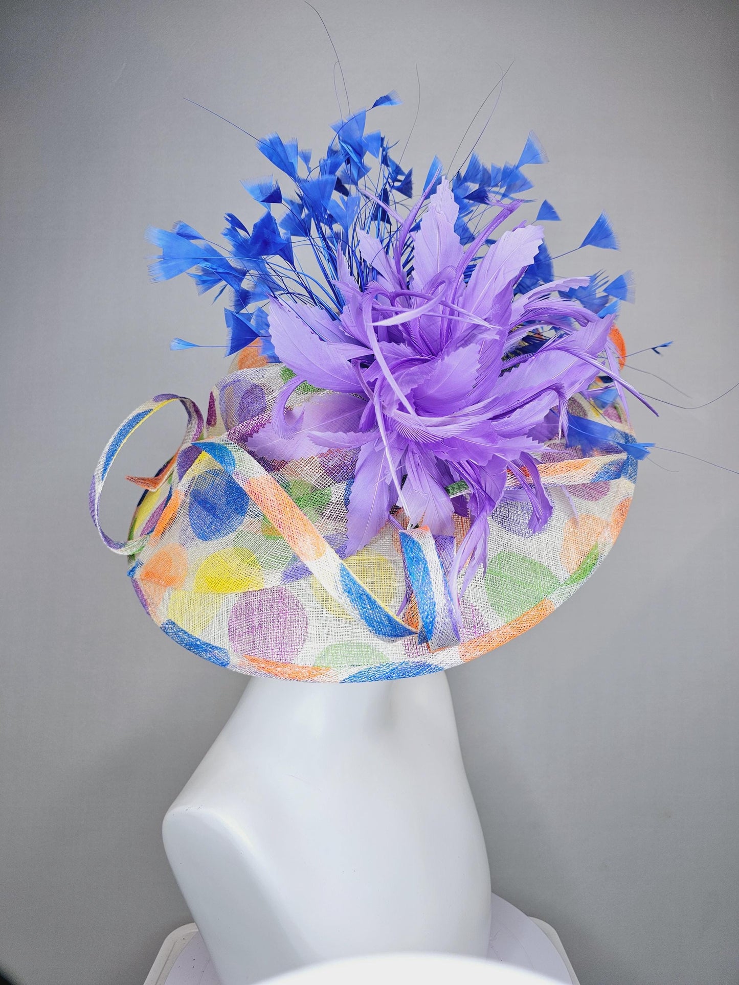kentucky derby hat large colorful rainbow blue green yellow orange polka dot wide brim sinamay,purple feather flower and royal blue feathers