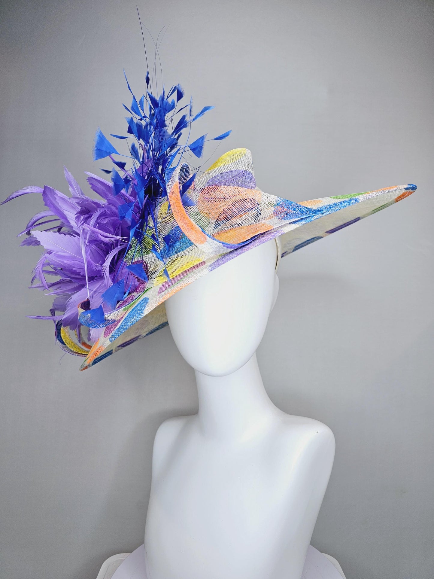 kentucky derby hat large colorful rainbow blue green yellow orange polka dot wide brim sinamay,purple feather flower and royal blue feathers
