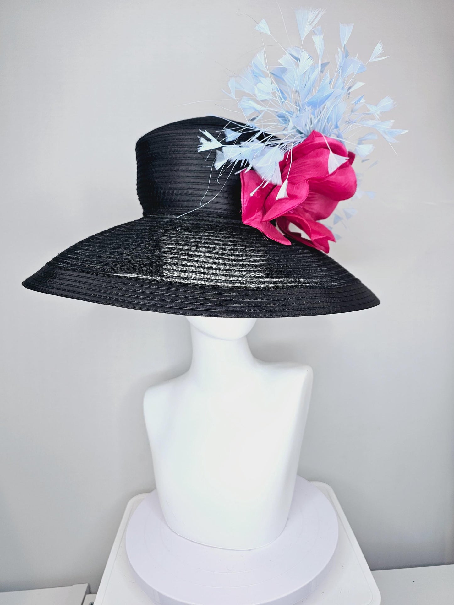 kentucky derby hat fascinator black sinamay wide brim with hot pink silk satin flower with pearl core and light baby blue branching feathers