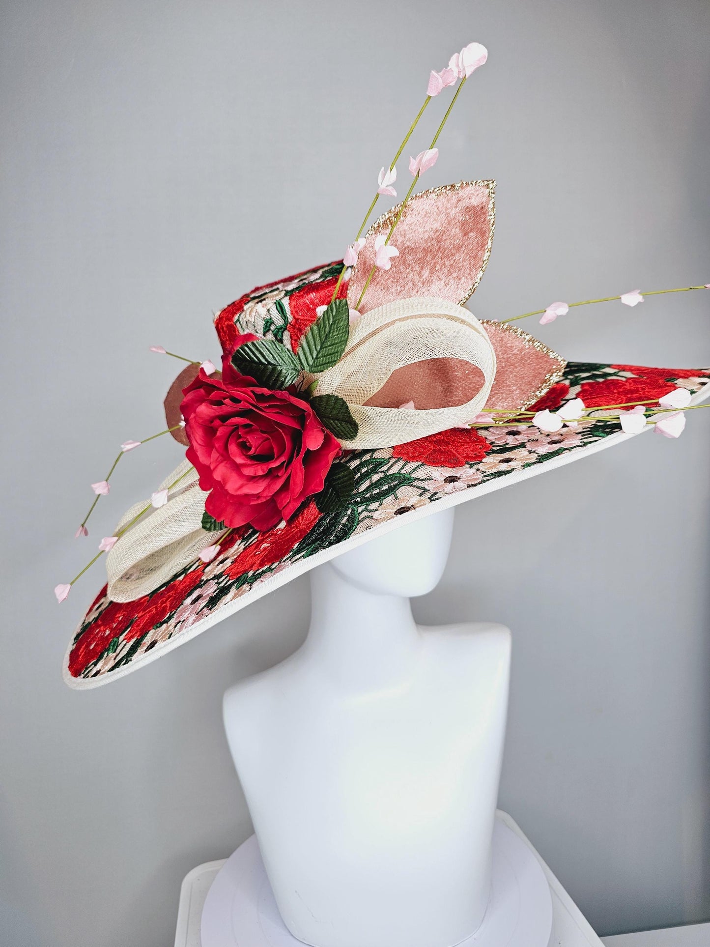 kentucky derby fascinator wide brim red green floral embroidered hat with silk red rose,beige neutral sinamay bow,taupe sparkle large leaves