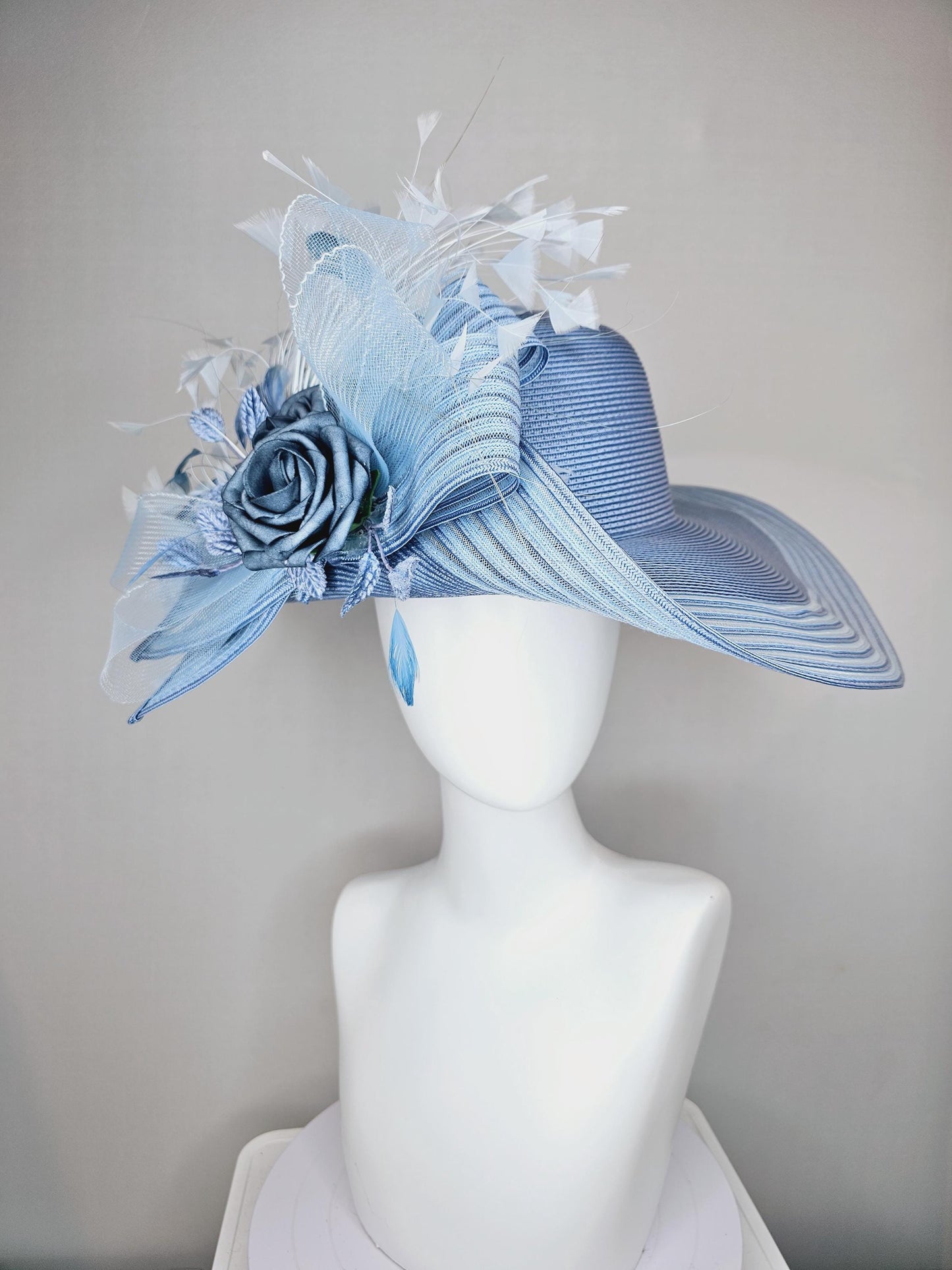 kentucky derby hat fascinator light sky blue wide brim sinamay with dusty blue silk flowers,light baby blue crinoline bow,light blue feather