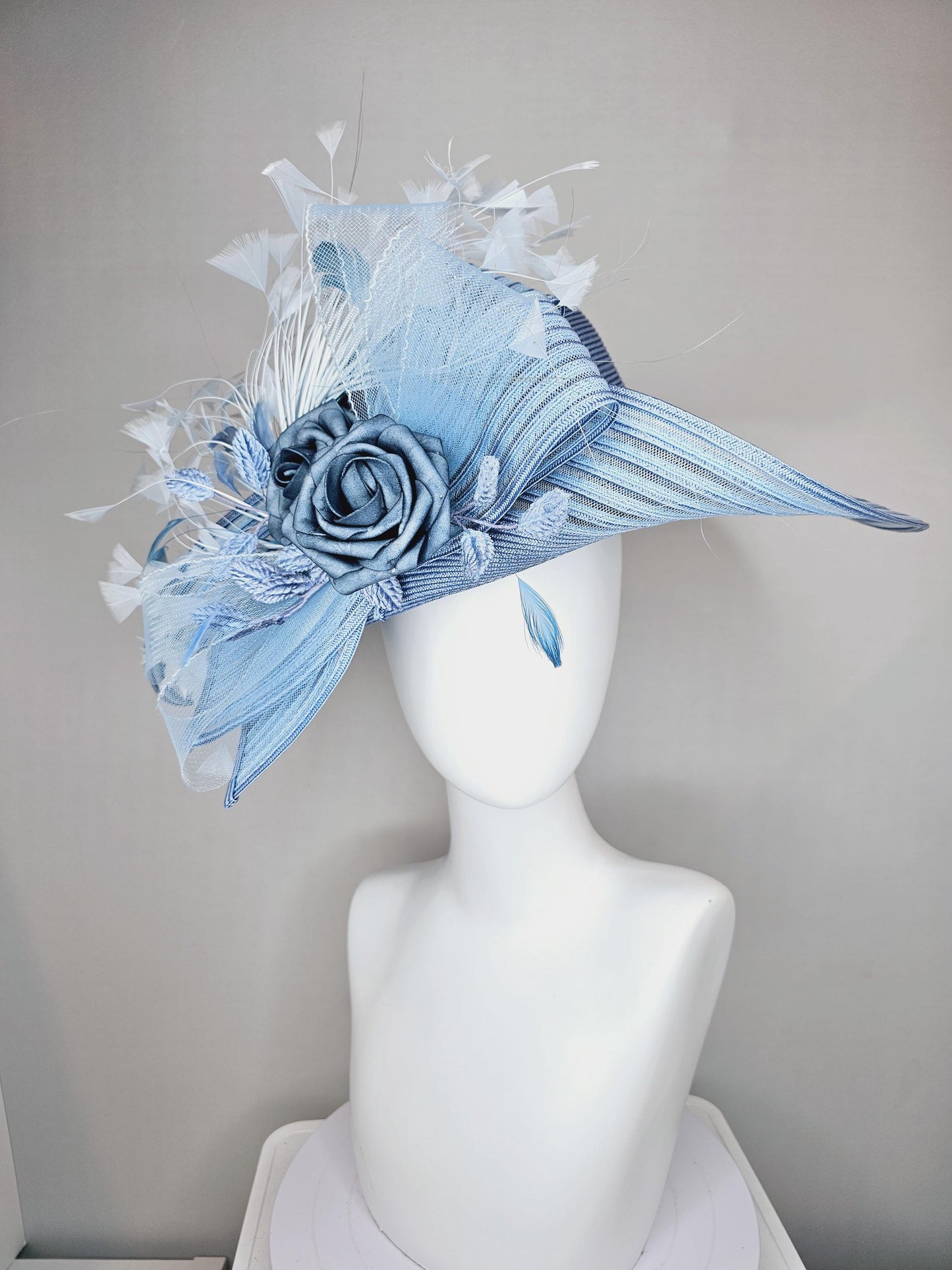 kentucky derby hat fascinator light sky blue wide brim sinamay with dusty blue silk flowers,light baby blue crinoline bow,light blue feather