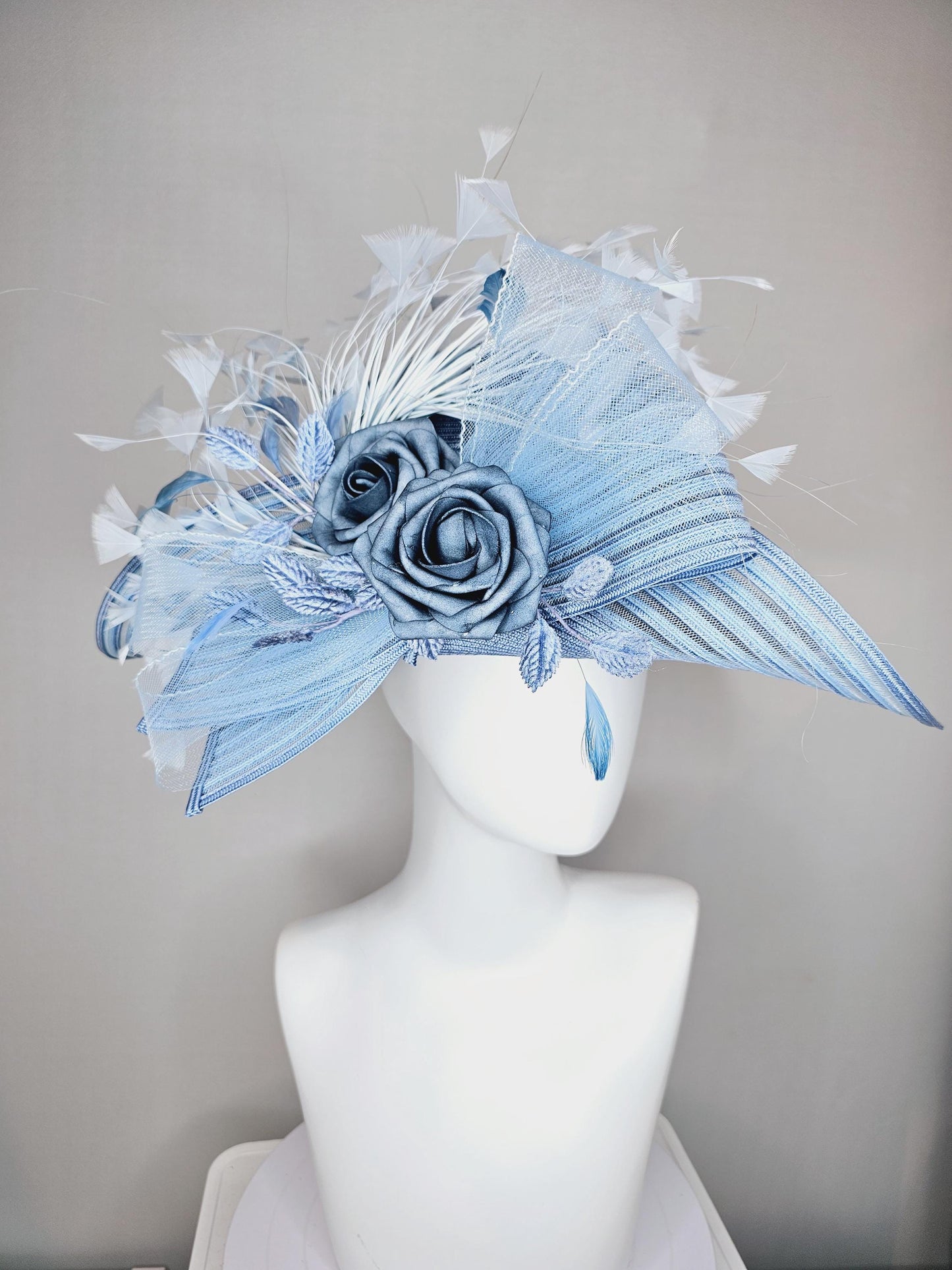 kentucky derby hat fascinator light sky blue wide brim sinamay with dusty blue silk flowers,light baby blue crinoline bow,light blue feather