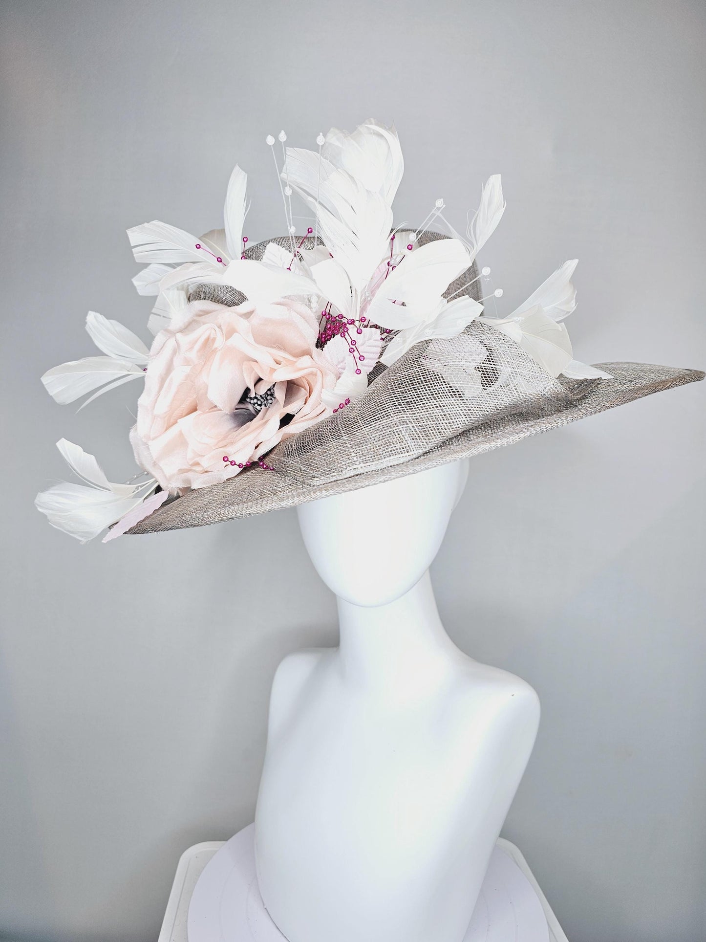 kentucky derby hat large wide brim sinamay gray hat with large white champagne pink silk flower and white branching feathers