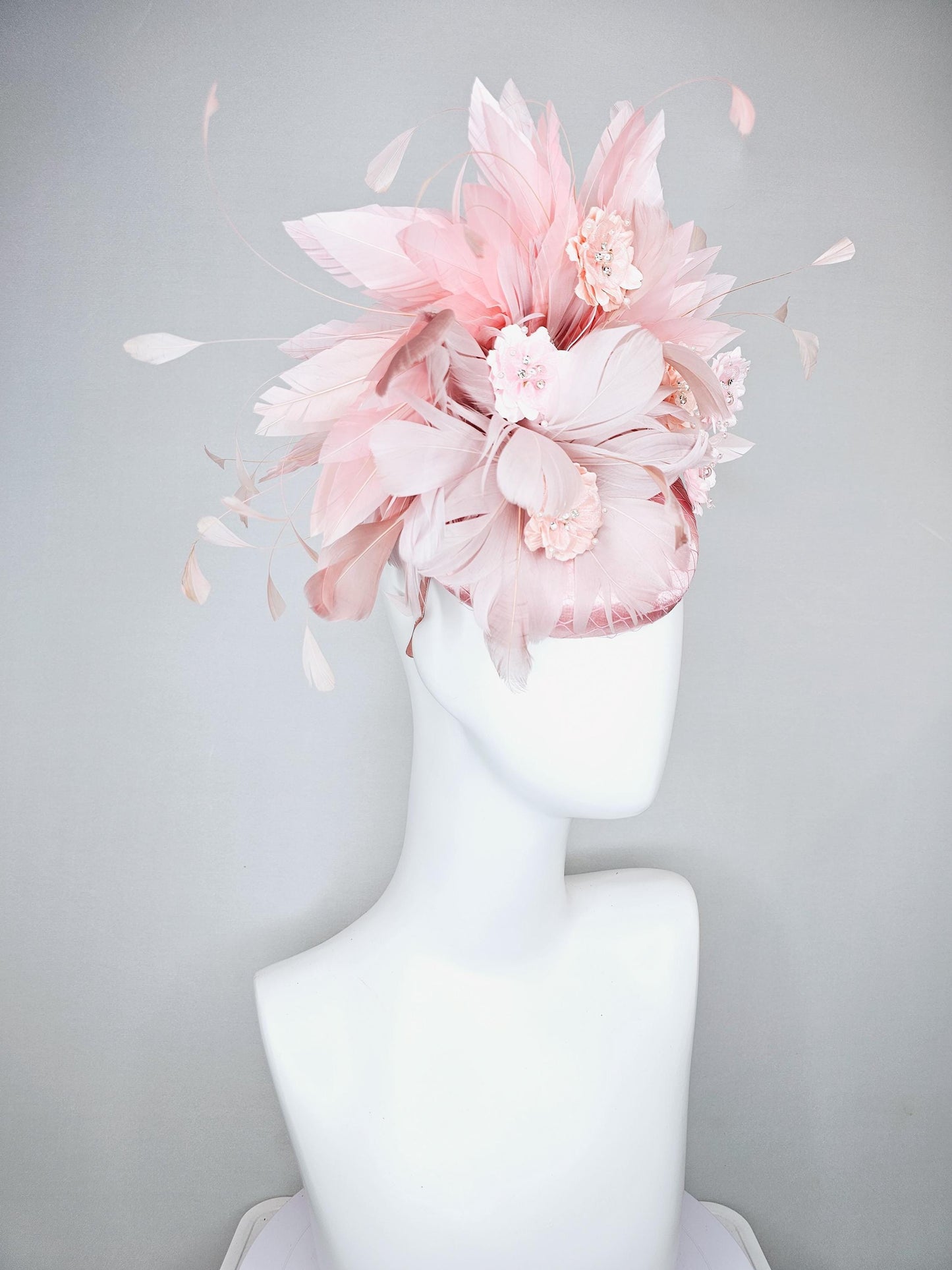 kentucky derby hat fascinator light pink satin with netting,blush dusty pink branching feathers,rhinestone pearl core pink silk flowers
