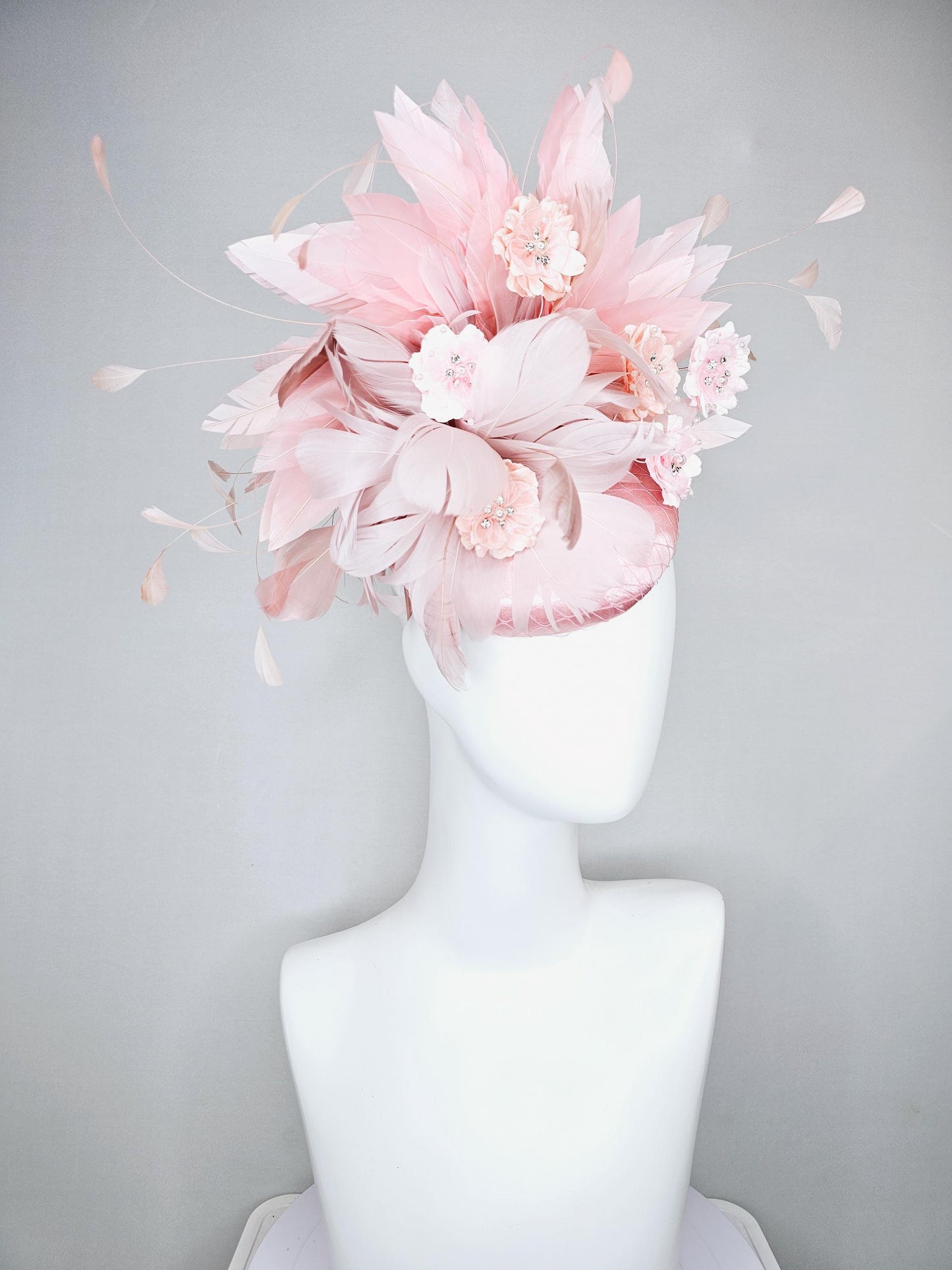 kentucky derby hat fascinator light pink satin with netting,blush dusty pink branching feathers,rhinestone pearl core pink silk flowers