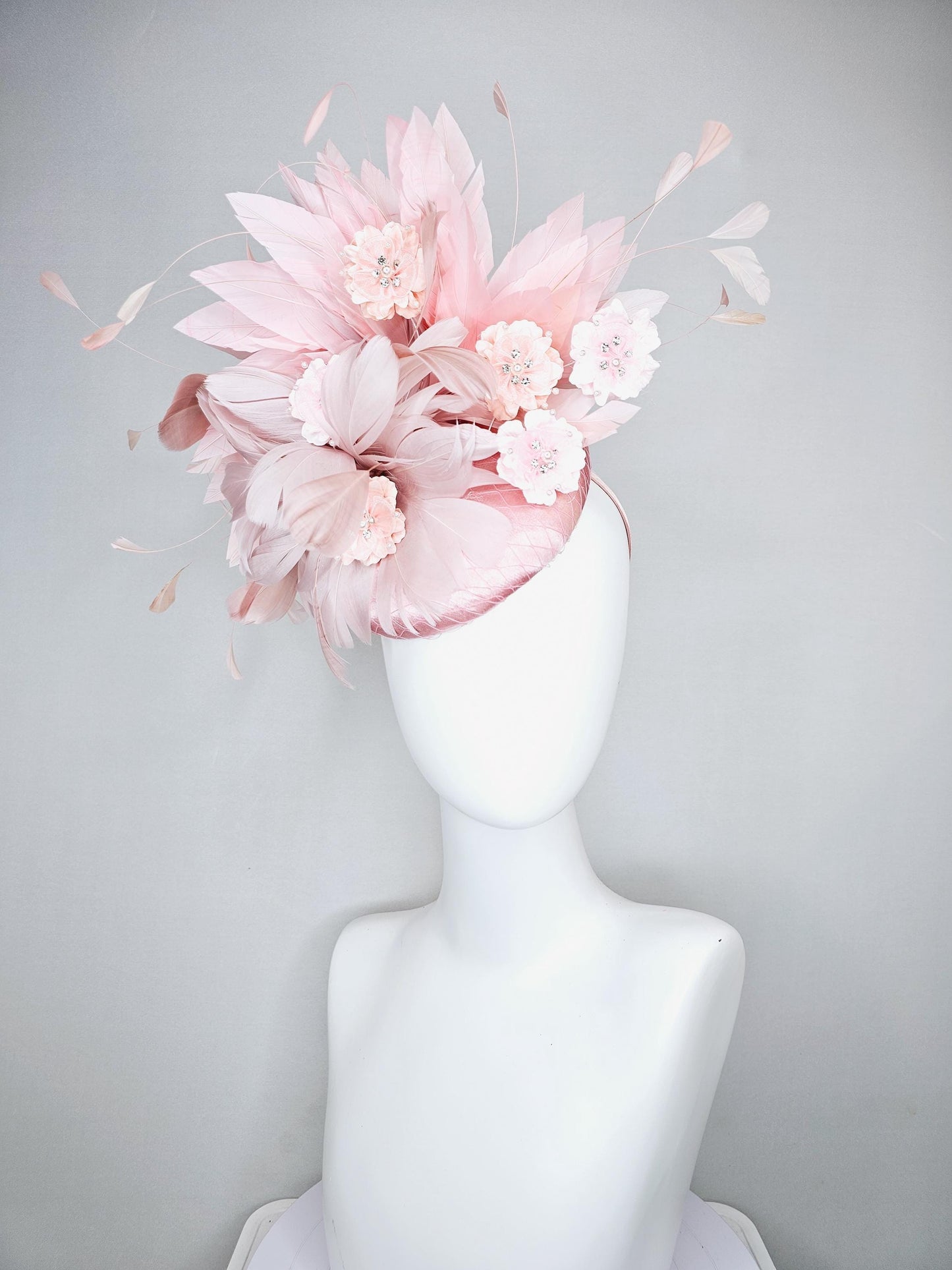 kentucky derby hat fascinator light pink satin with netting,blush dusty pink branching feathers,rhinestone pearl core pink silk flowers