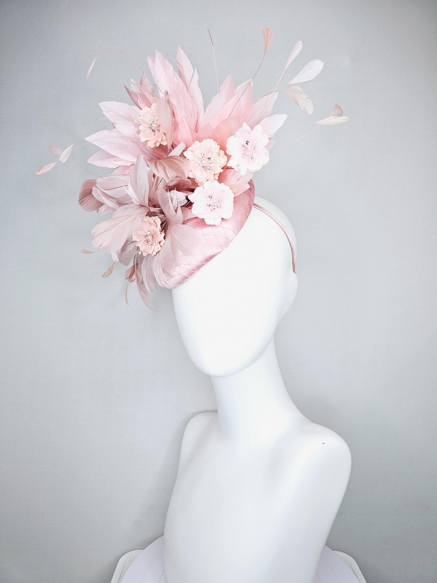 kentucky derby hat fascinator light pink satin with netting,blush dusty pink branching feathers,rhinestone pearl core pink silk flowers