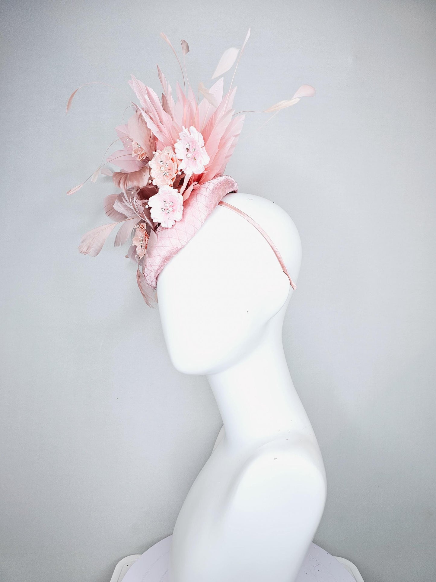 kentucky derby hat fascinator light pink satin with netting,blush dusty pink branching feathers,rhinestone pearl core pink silk flowers