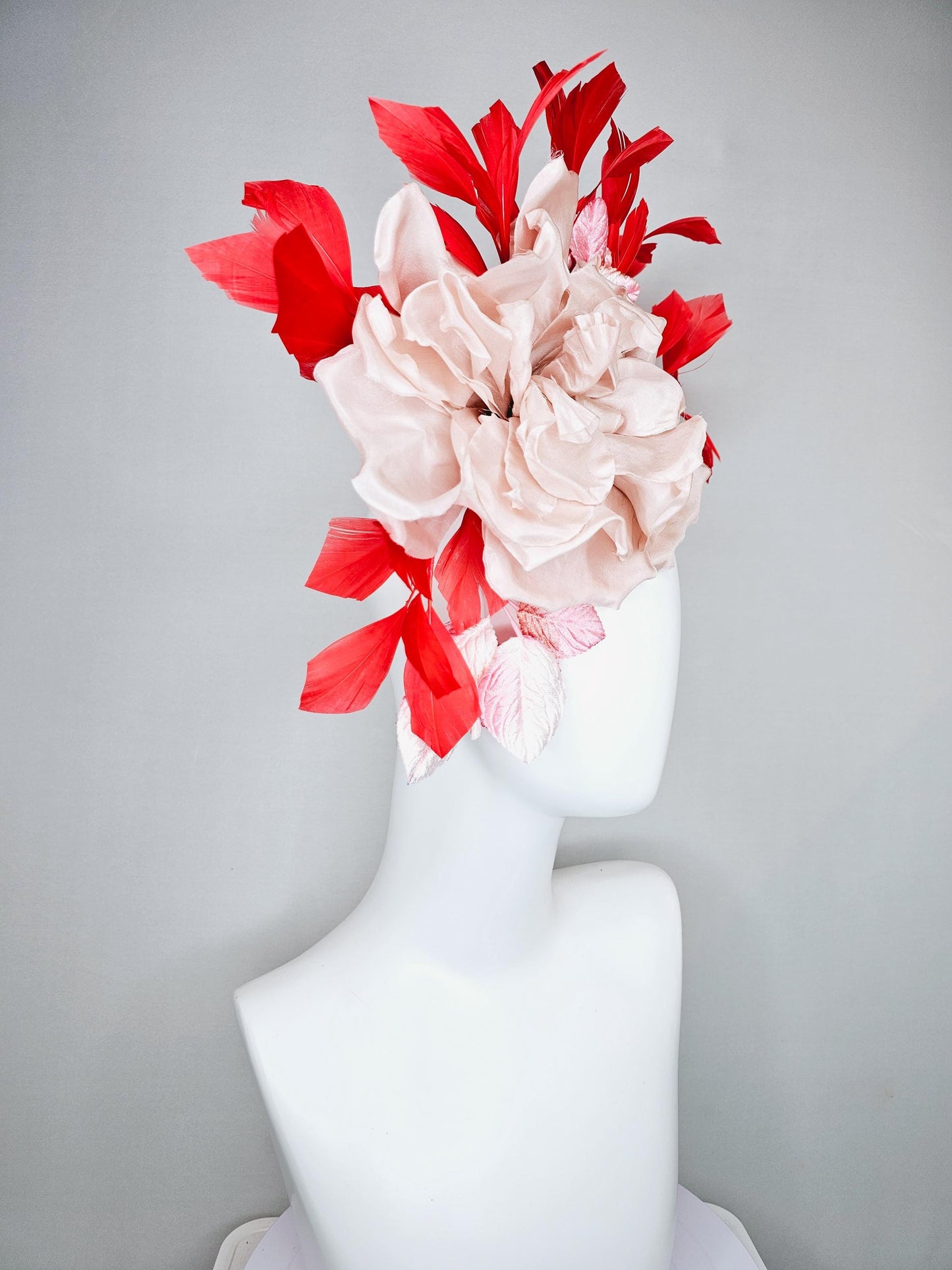 kentucky derby hat fascinator large champagne blush rose flower with ombre pink leaves and bright red branching feathers