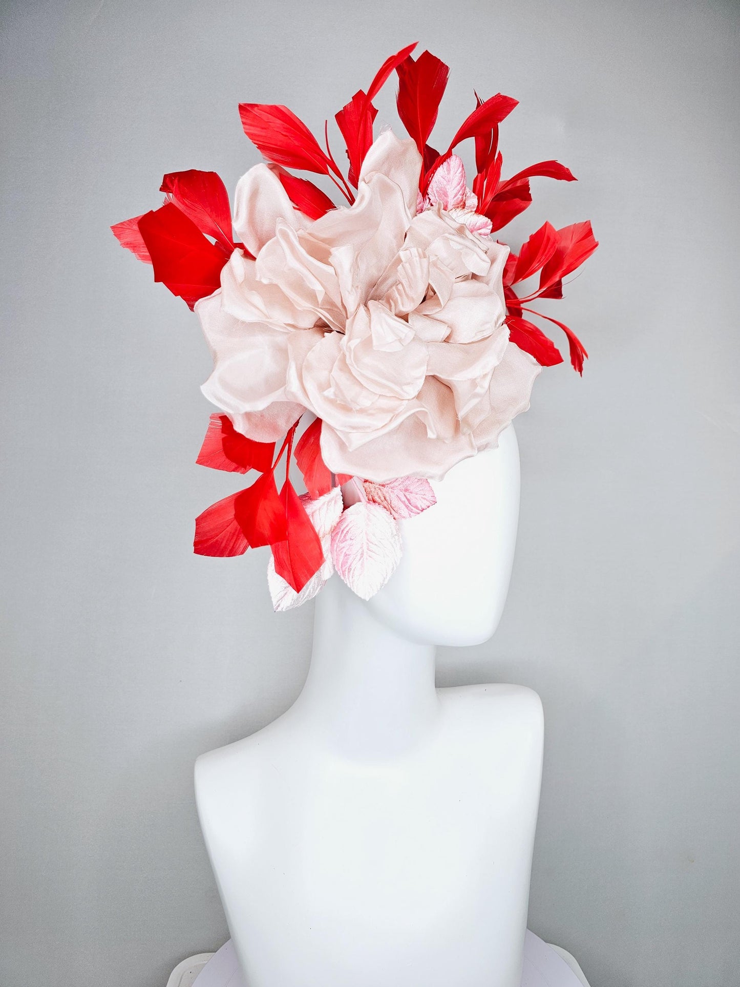 kentucky derby hat fascinator large champagne blush rose flower with ombre pink leaves and bright red branching feathers