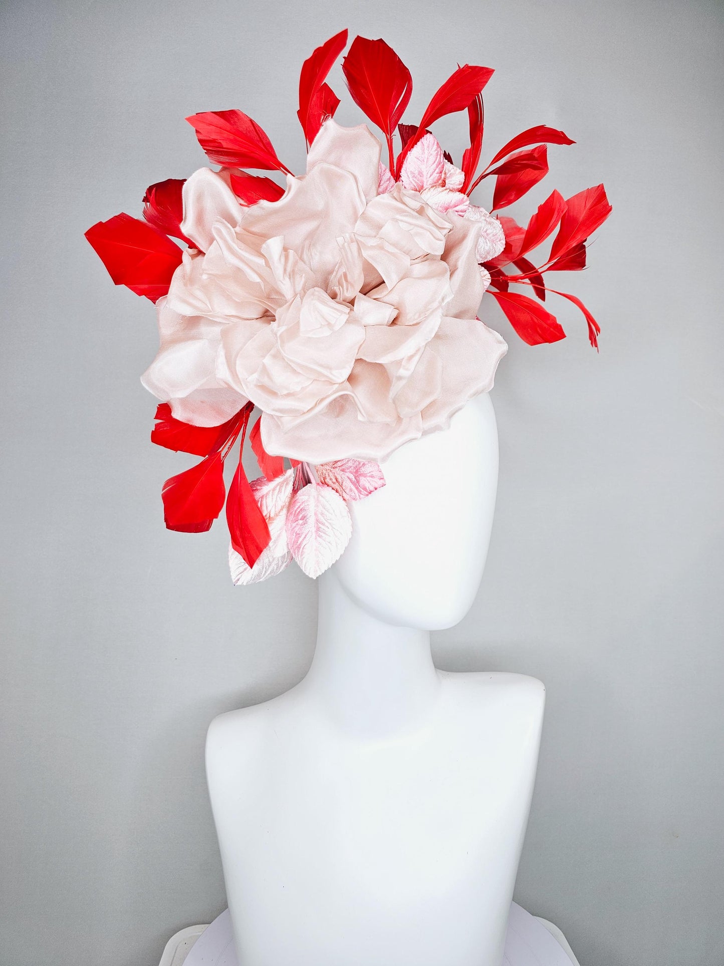 kentucky derby hat fascinator large champagne blush rose flower with ombre pink leaves and bright red branching feathers