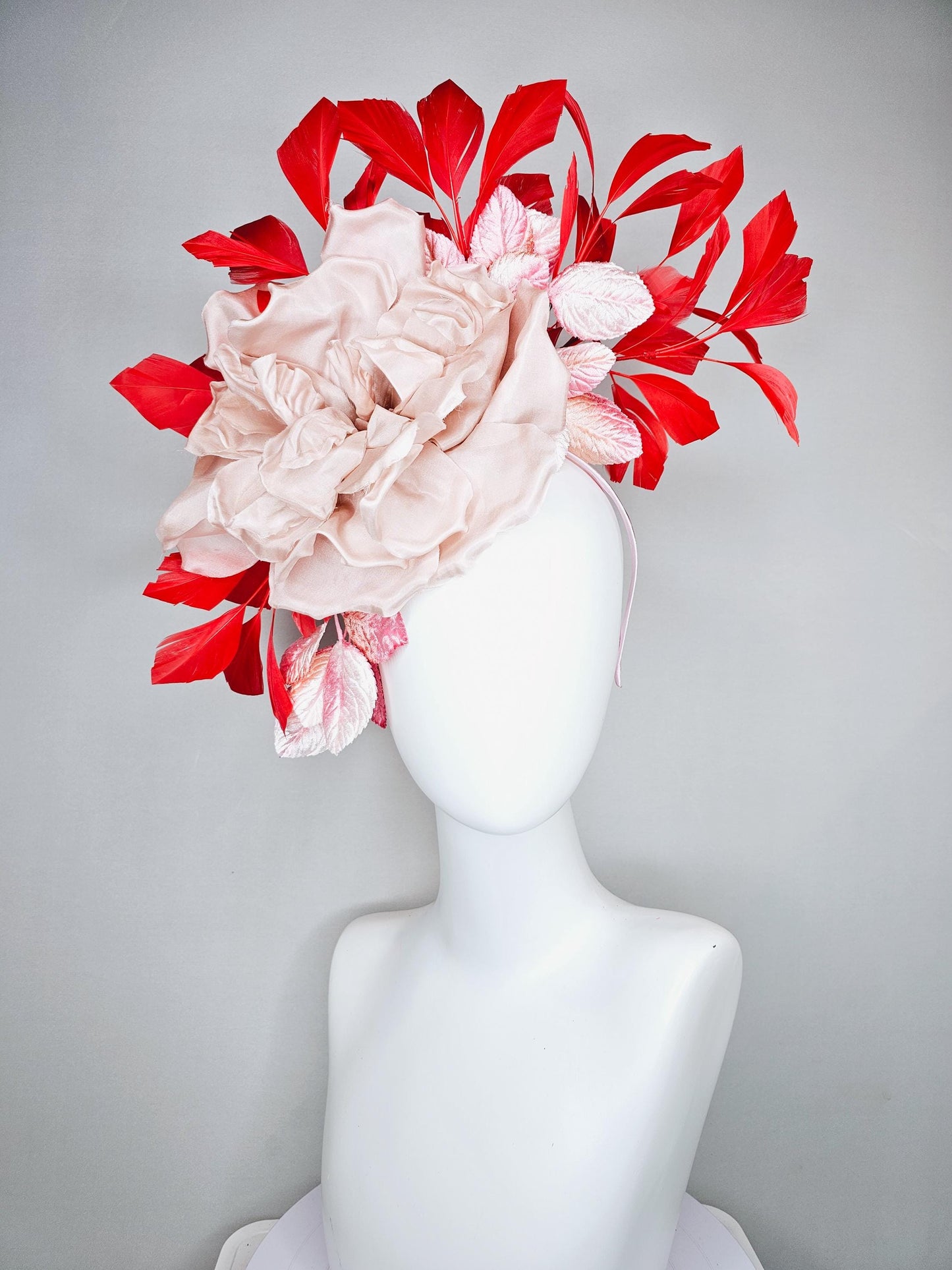 kentucky derby hat fascinator large champagne blush rose flower with ombre pink leaves and bright red branching feathers