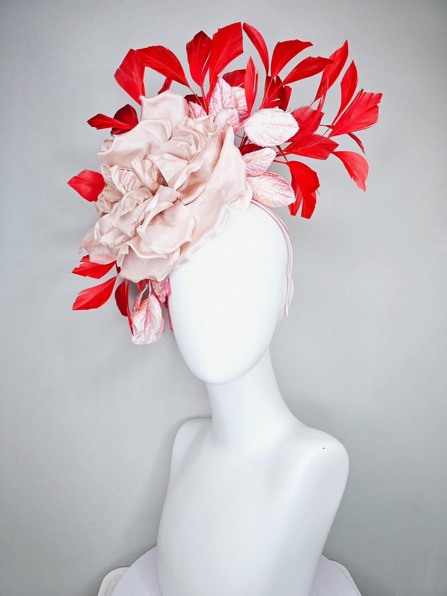 kentucky derby hat fascinator large champagne blush rose flower with ombre pink leaves and bright red branching feathers
