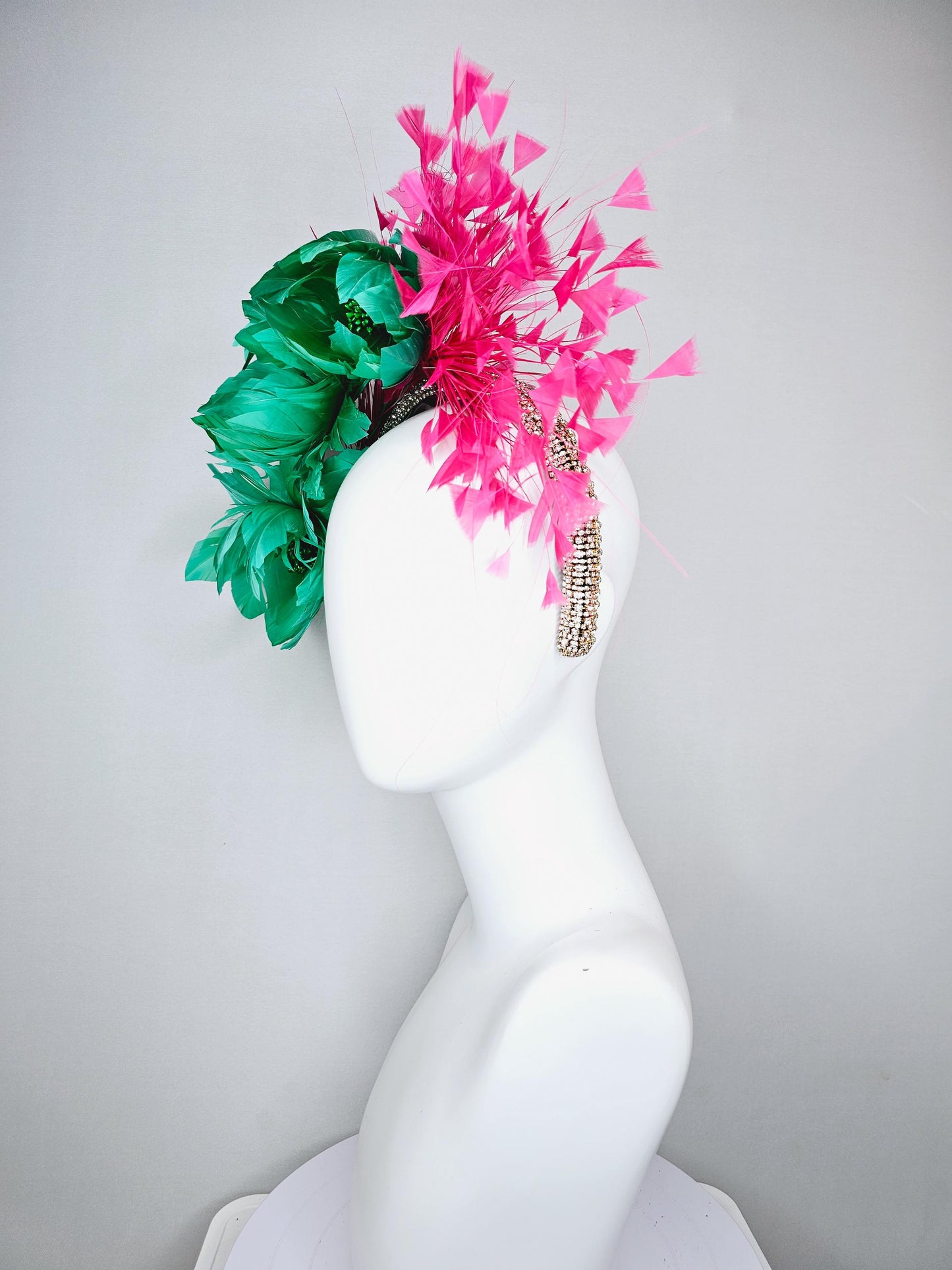 kentucky derby hat fascinator rhinestone crystal headband with bright green fluffy feather flowers and pink branching feathers