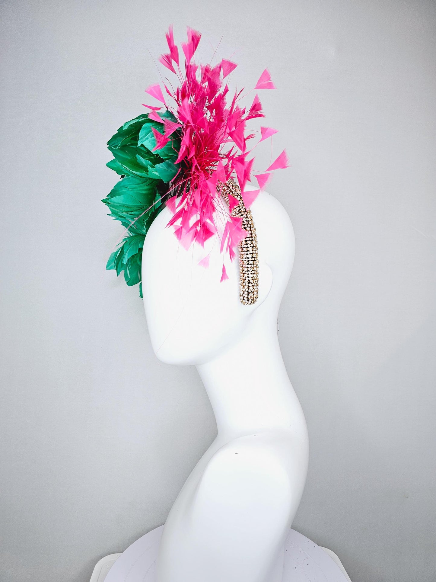 kentucky derby hat fascinator rhinestone crystal headband with bright green fluffy feather flowers and pink branching feathers