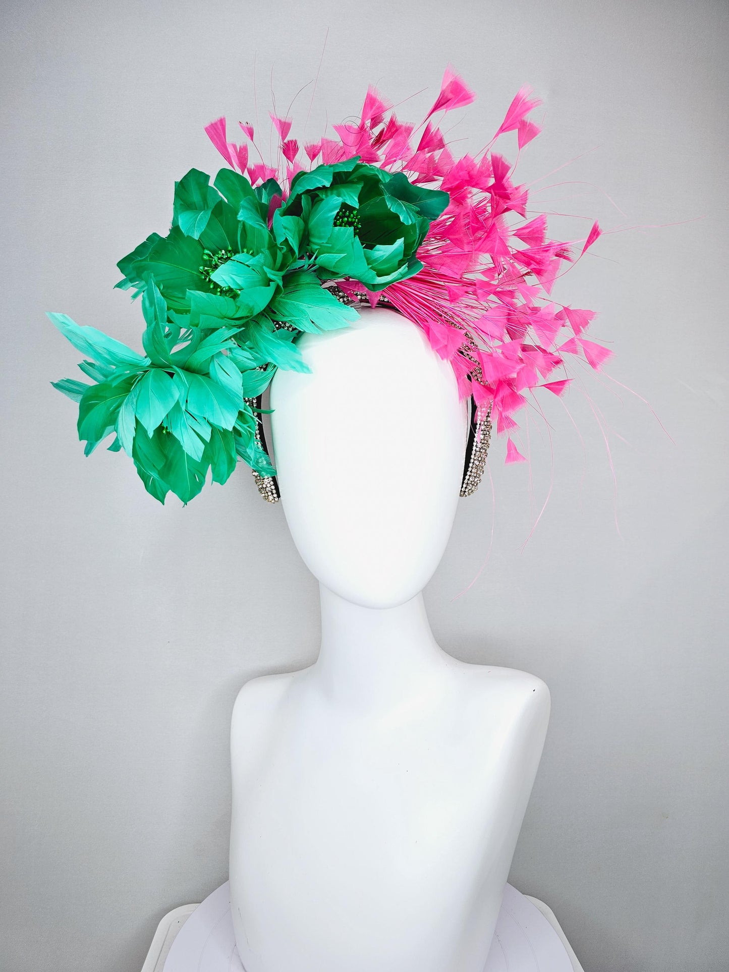 kentucky derby hat fascinator rhinestone crystal headband with bright green fluffy feather flowers and pink branching feathers