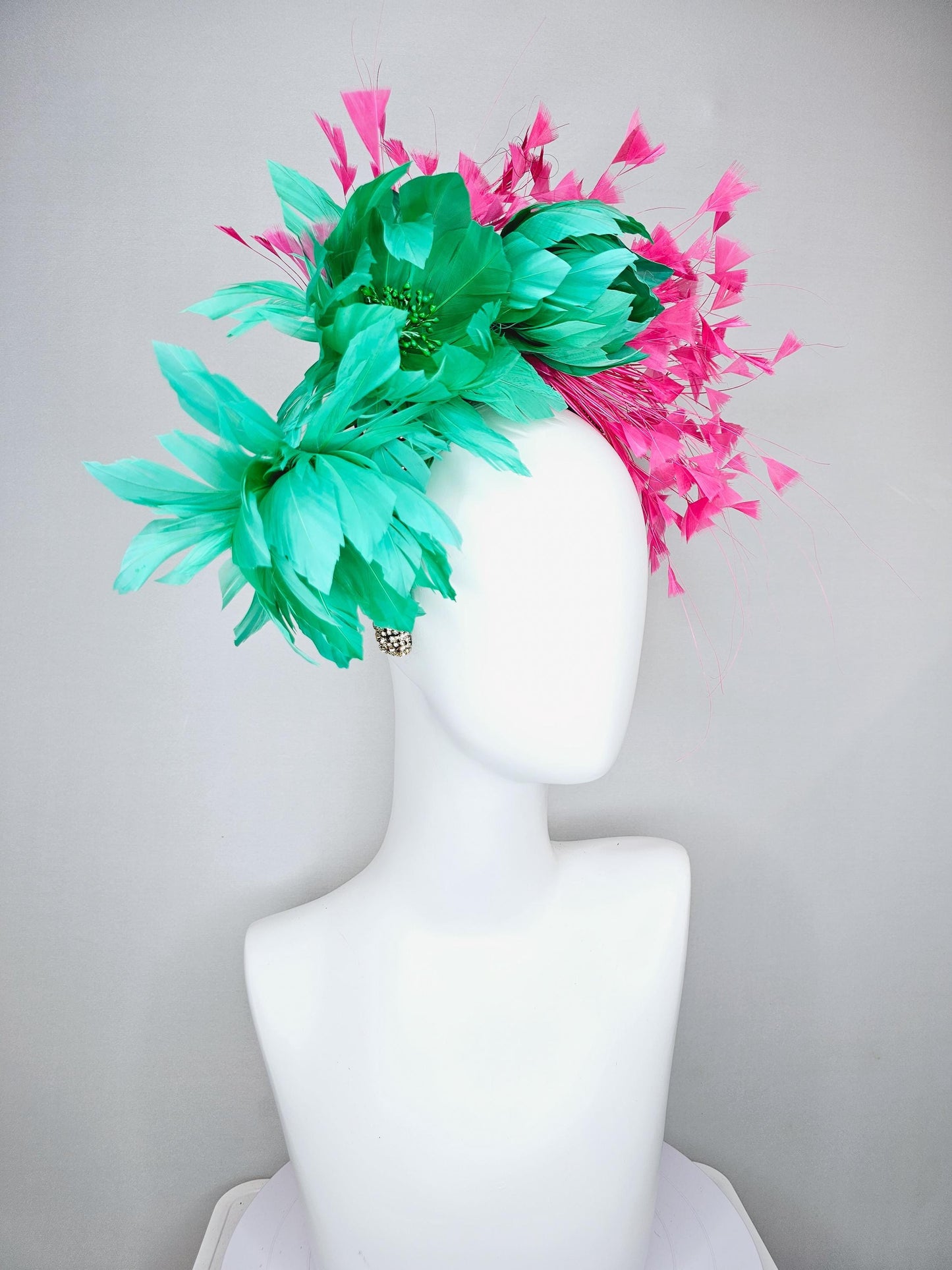 kentucky derby hat fascinator rhinestone crystal headband with bright green fluffy feather flowers and pink branching feathers