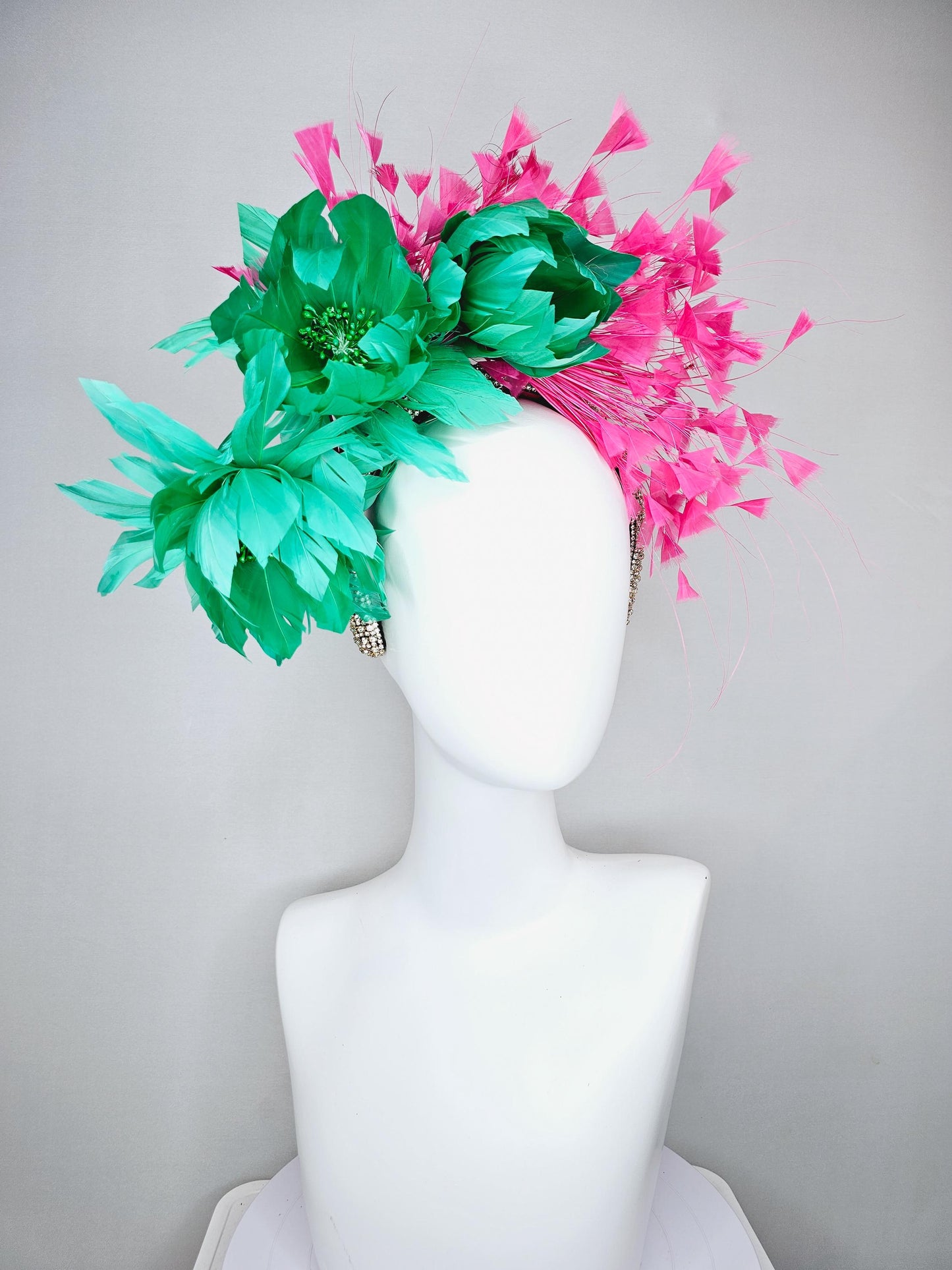 kentucky derby hat fascinator rhinestone crystal headband with bright green fluffy feather flowers and pink branching feathers
