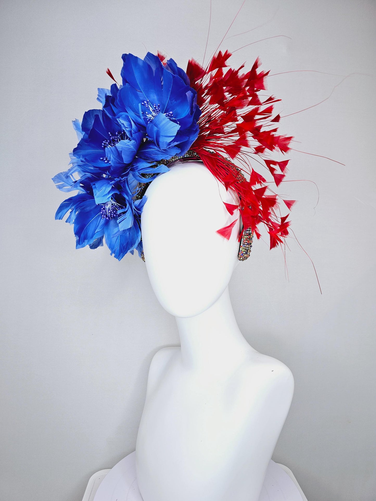kentucky derby hat fascinator rainbow colorful crystal rhinestone headband with cobalt royal blue feather flowers and branching red feathers