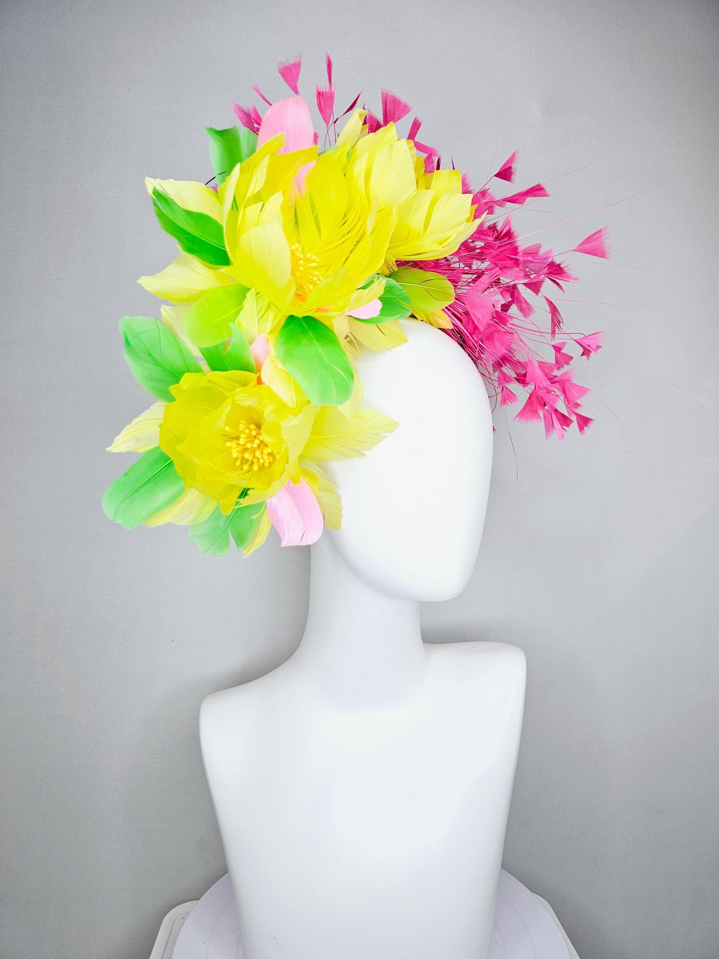 kentucky derby hat fascinator yellow feather flowers,green feather leaves,fuchsia pink branching feathers,sky blue rhinestone headband