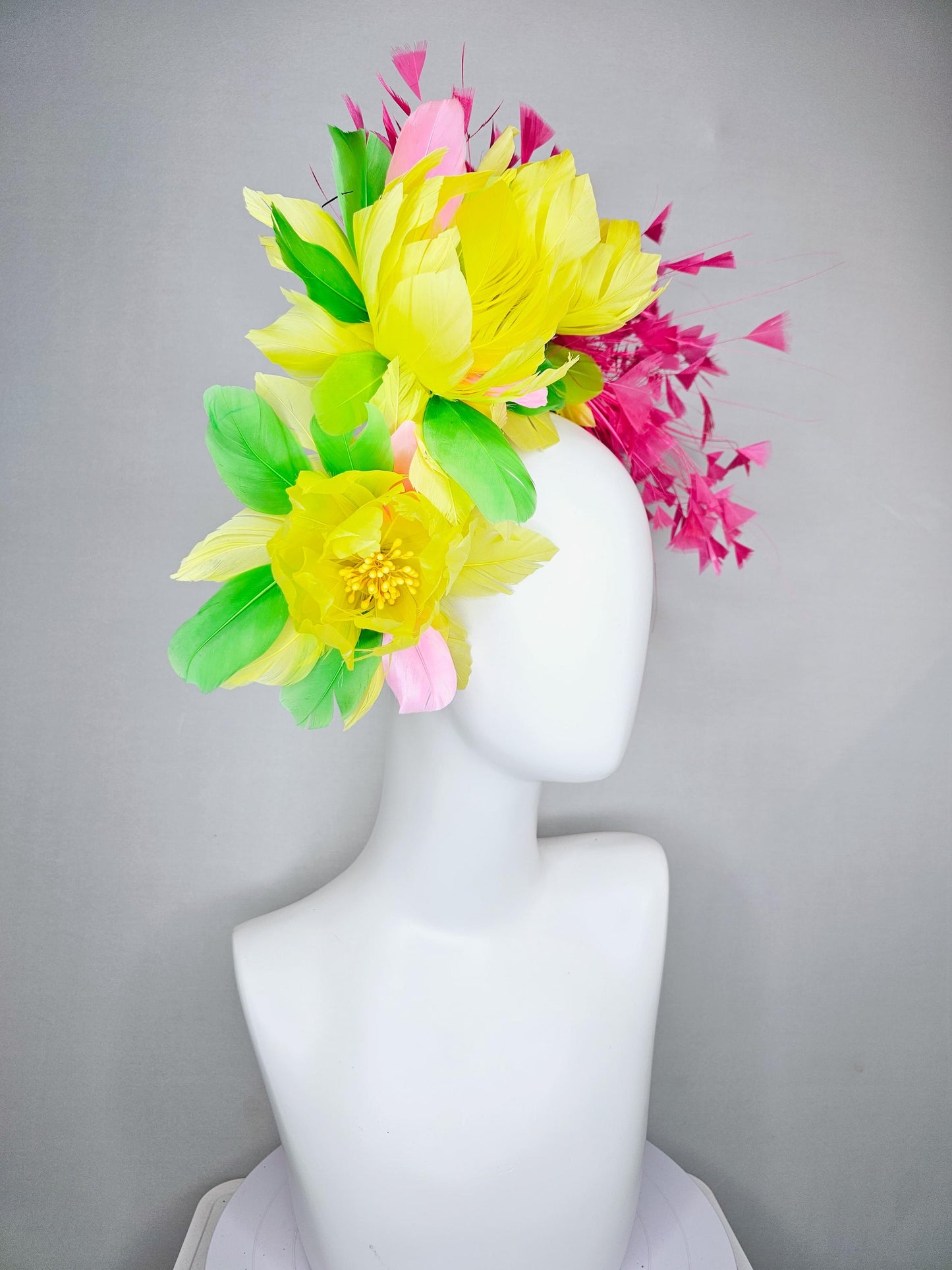kentucky derby hat fascinator yellow feather flowers,green feather leaves,fuchsia pink branching feathers,sky blue rhinestone headband