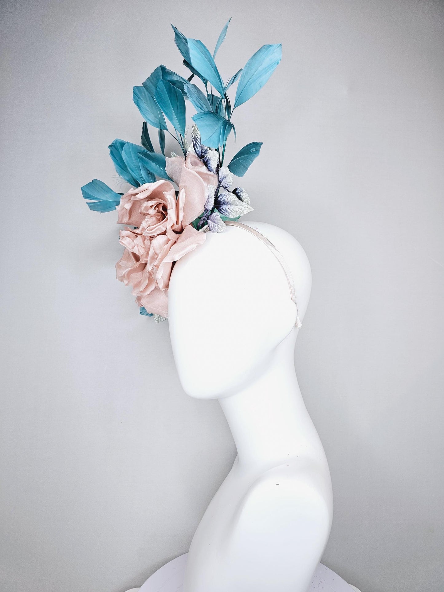 kentucky derby fascinator hat blush light pink satin flower with teal blue branching feathers