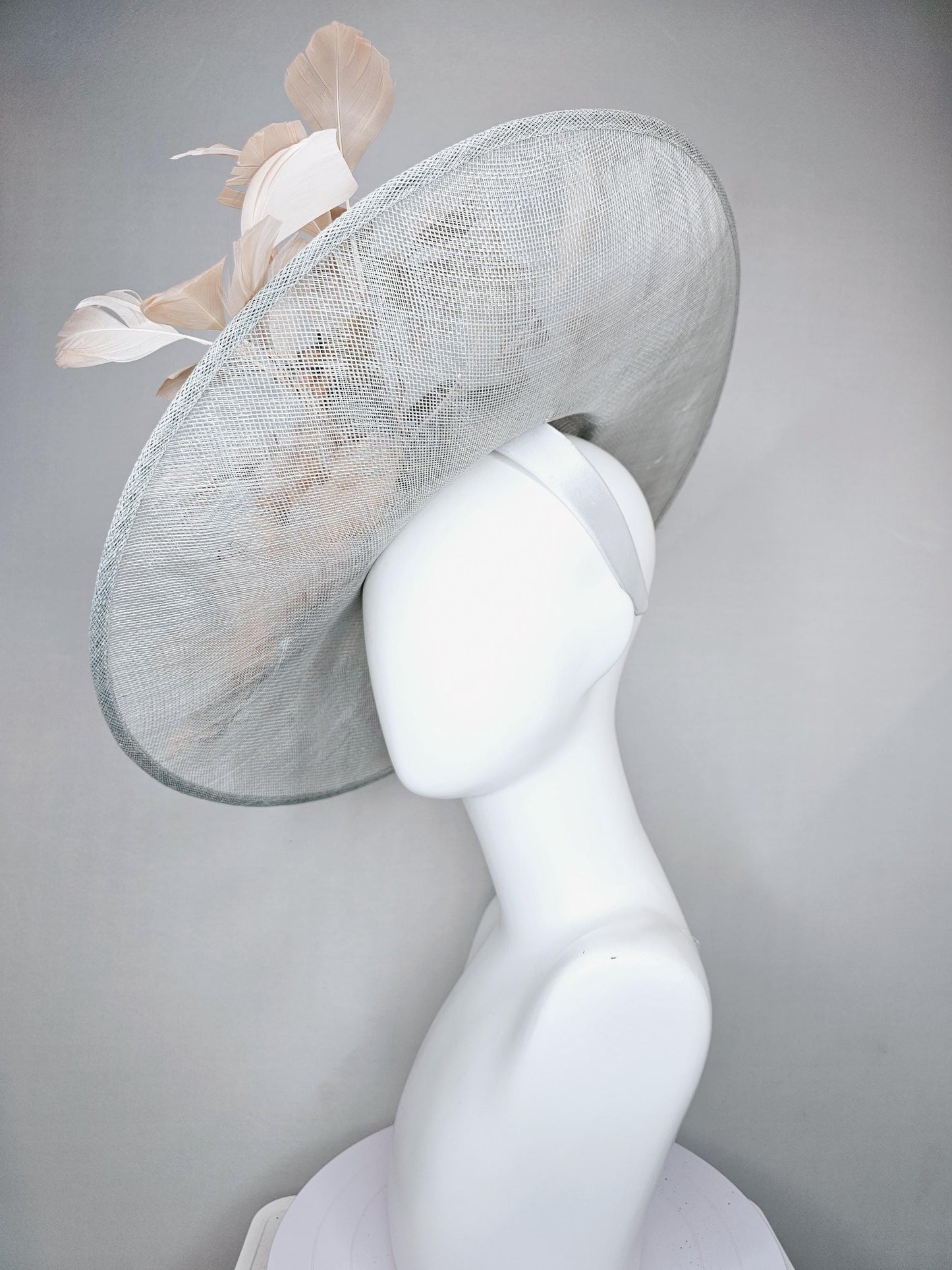 kentucky derby hat fascinator light gray sinamay saucer,champagne pink blush organza flowers champagne branching feathers